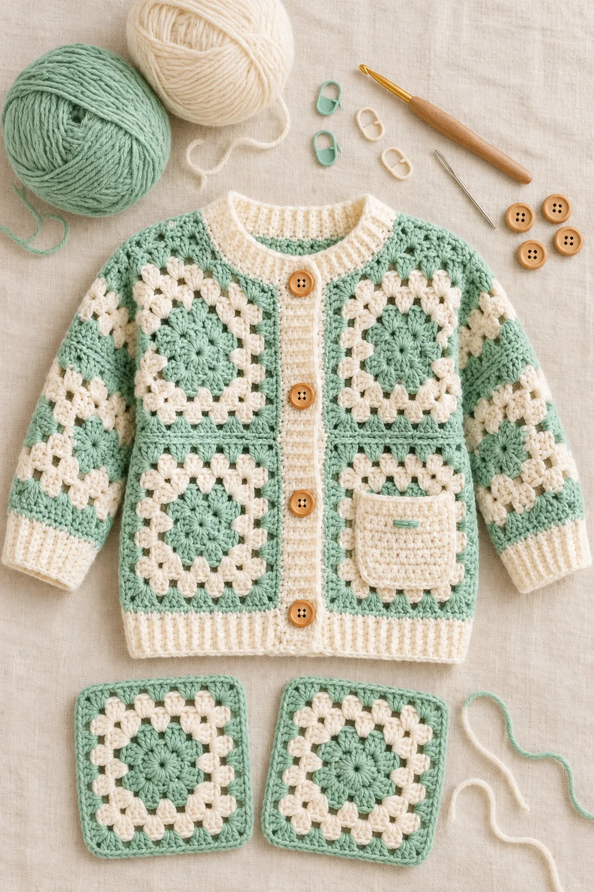 Yarn, hook, markers and tools for mint green modular granny square baby cardigan with pocket – free pattern
