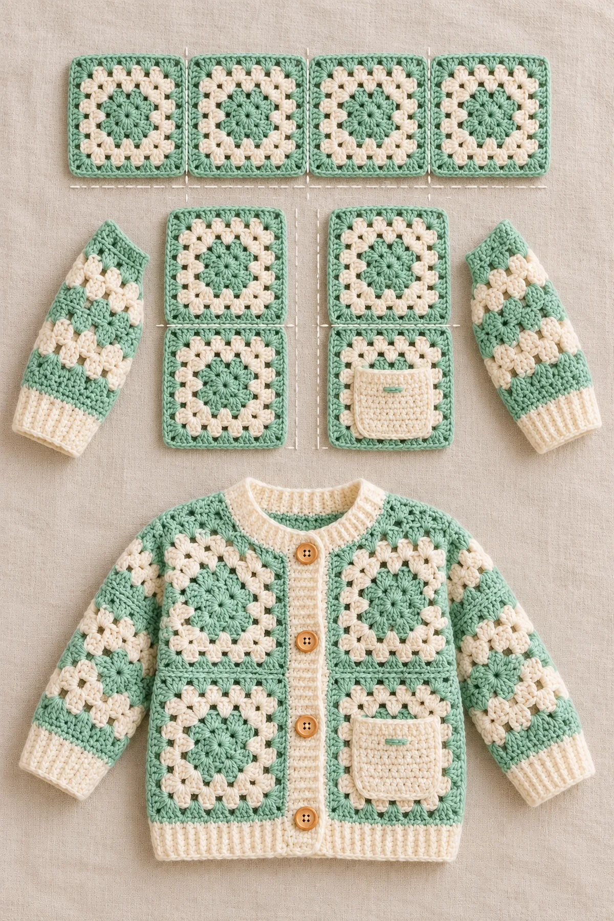 Early construction stage of mint green modular granny square baby cardigan with pocket – free pattern