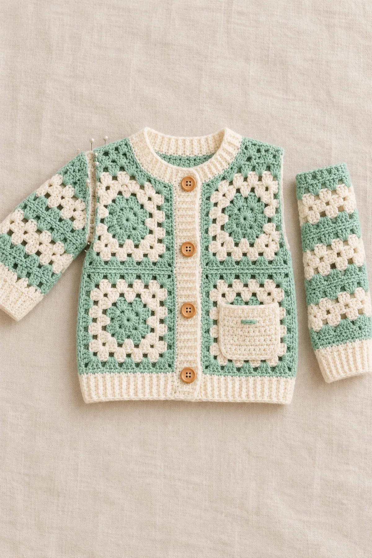 Shaping and assembly stage of mint green modular granny square baby cardigan with pocket – free pattern