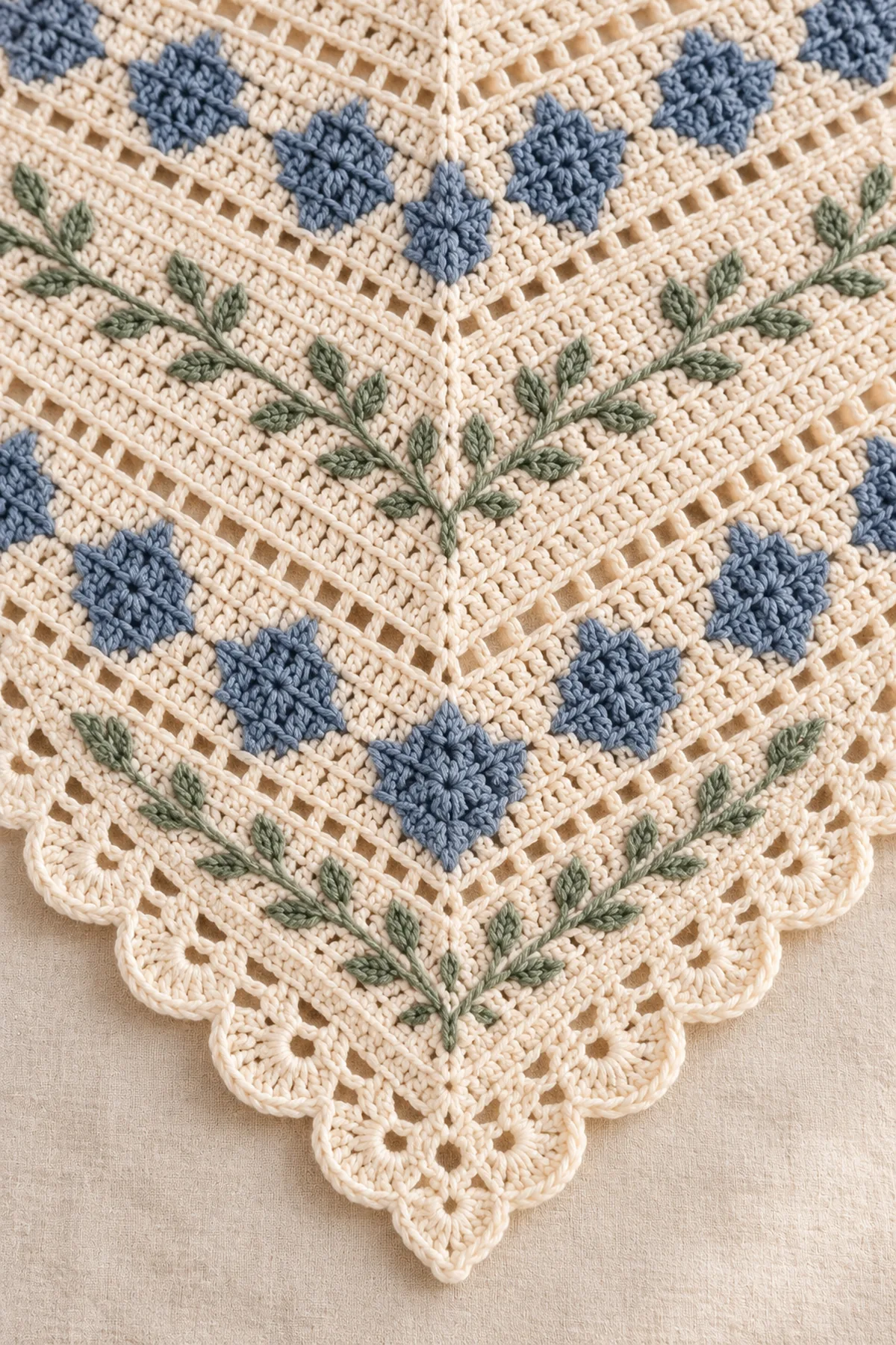 Close view of stitches and finishing on nordic charted crochet triangle shawl with scalloped edge