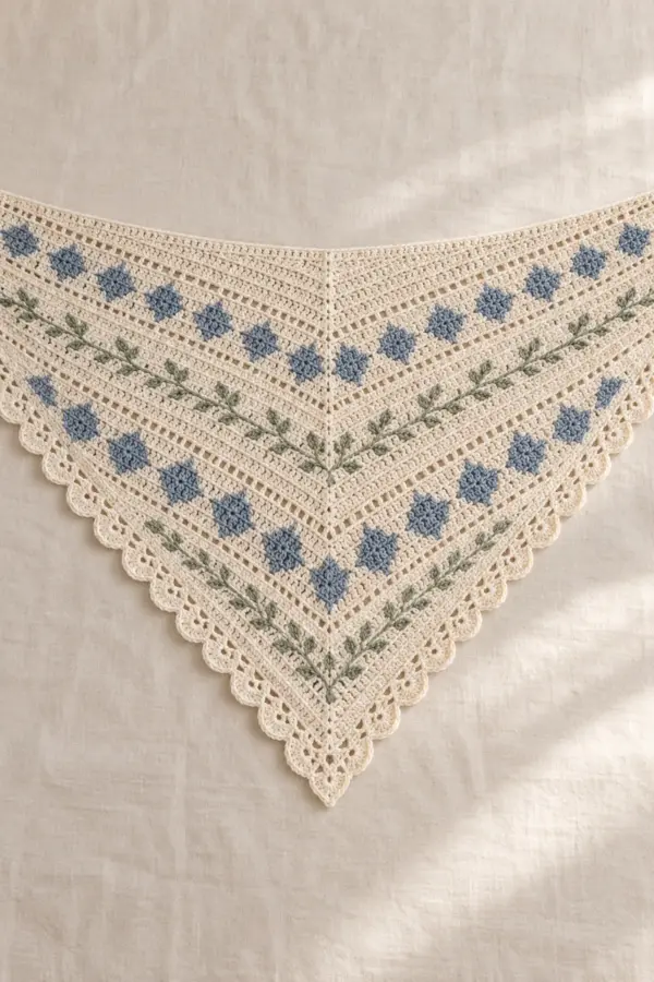 Cream crochet triangle shawl with slate-blue diamonds, sage sprigs and scalloped edge