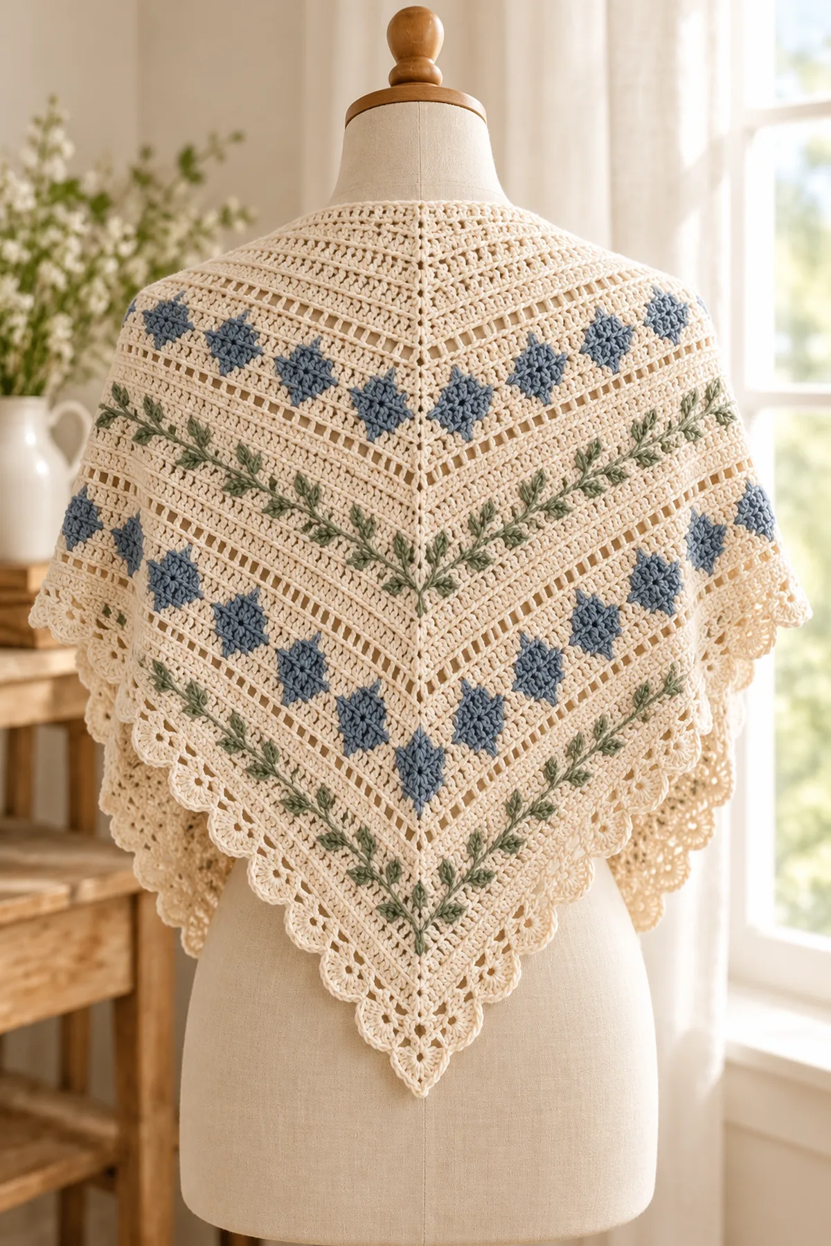 Finished nordic charted crochet triangle shawl with scalloped edge in a softly lit neutral setting