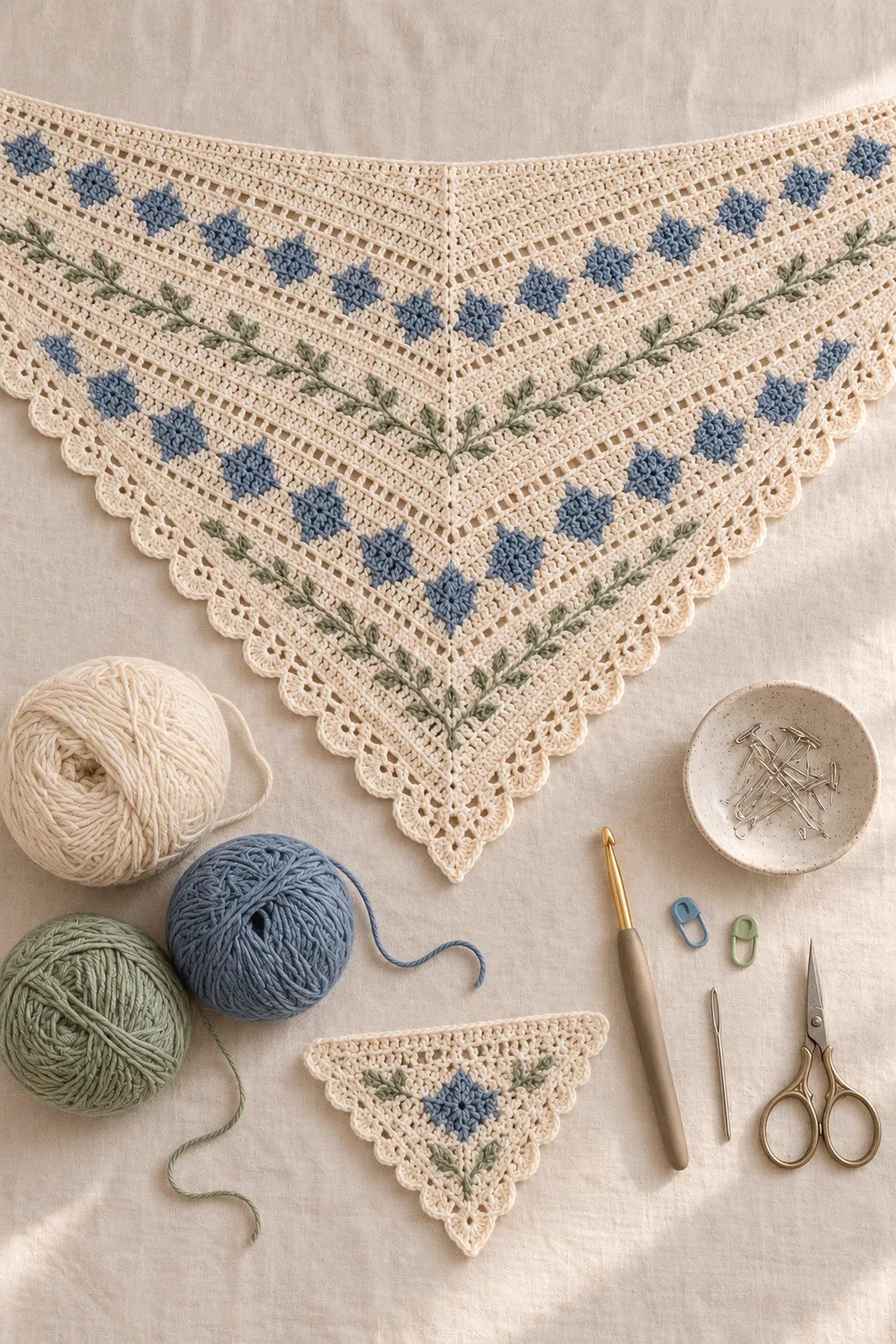 Yarn, hook, markers and tools for nordic charted crochet triangle shawl with scalloped edge