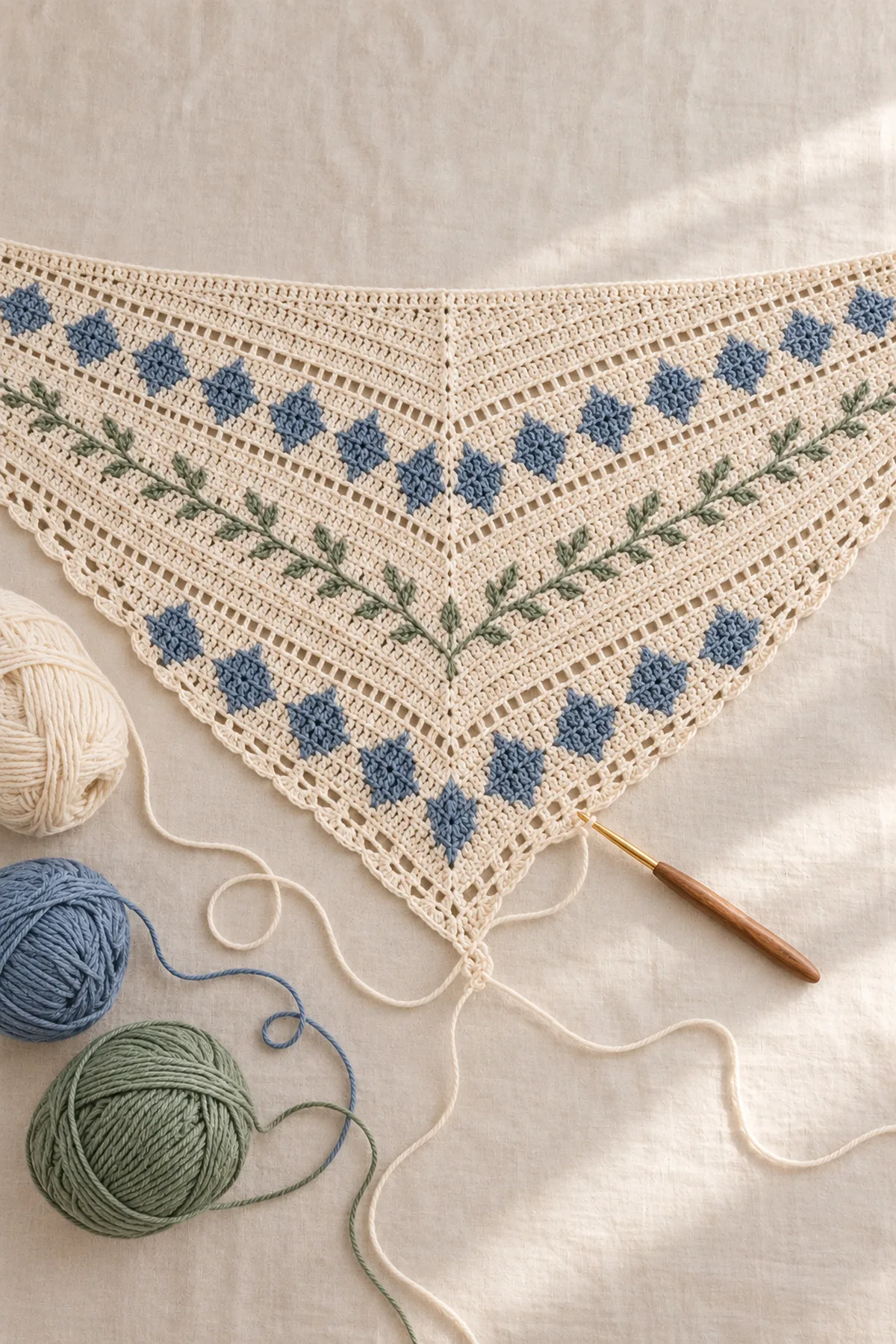 Shaping and assembly stage of nordic charted crochet triangle shawl with scalloped edge