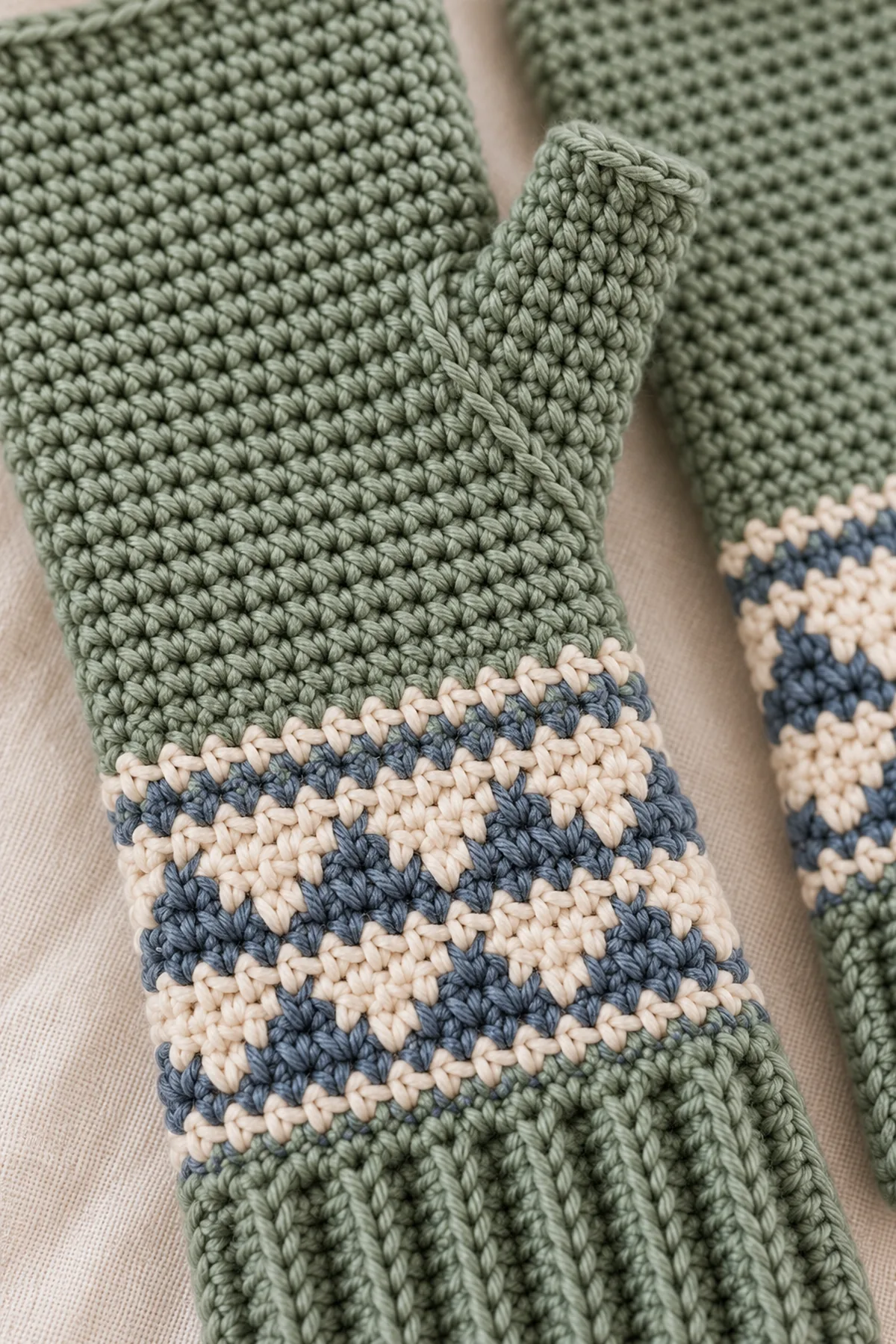 Close view of stitches and finishing on nordic colorwork crochet arm warmers with thumb gussets