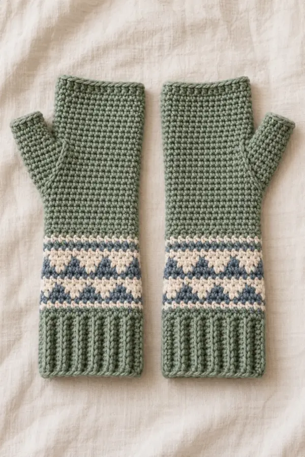 Pair of sage crochet arm warmers with cream and slate Nordic bands and shaped thumb gussets