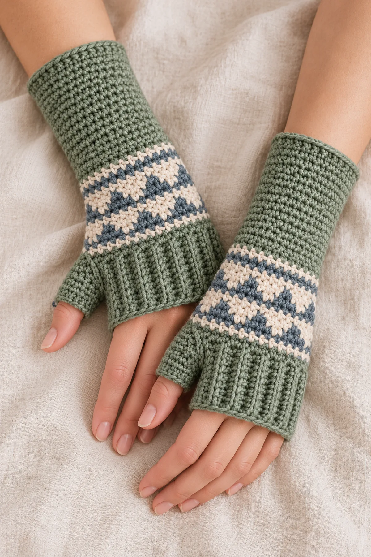 Finished nordic colorwork crochet arm warmers with thumb gussets in a softly lit neutral setting