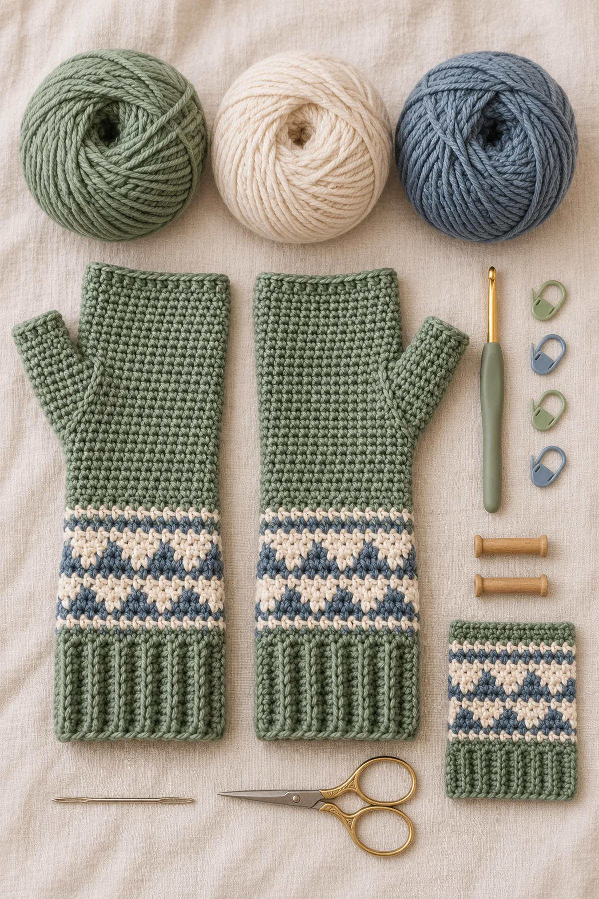 Yarn, hook, markers and tools for nordic colorwork crochet arm warmers with thumb gussets