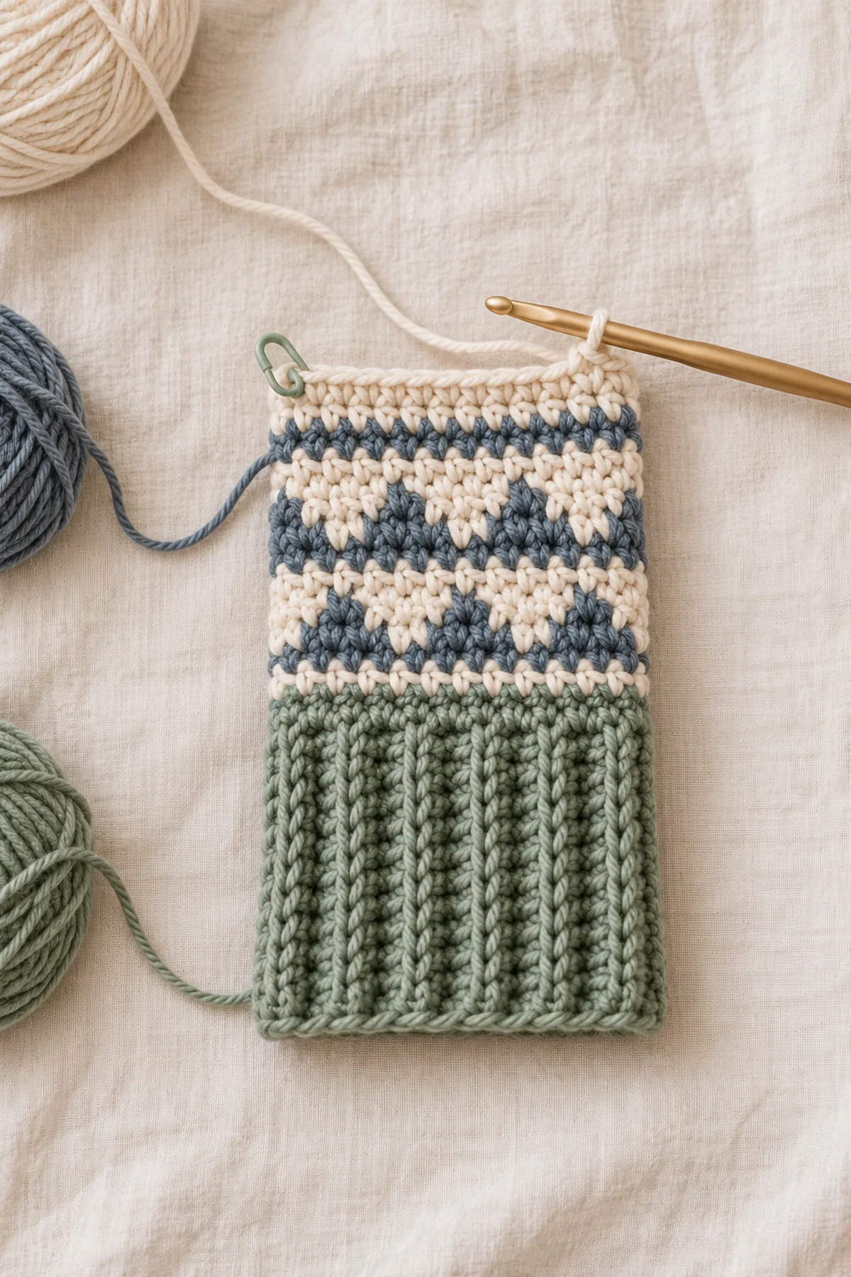 Early construction stage of nordic colorwork crochet arm warmers with thumb gussets