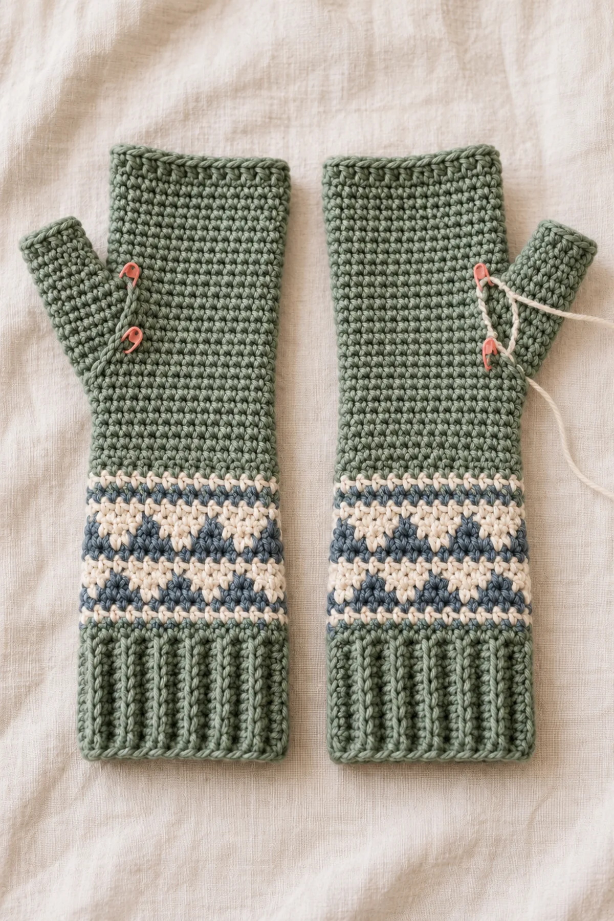 Shaping and assembly stage of nordic colorwork crochet arm warmers with thumb gussets