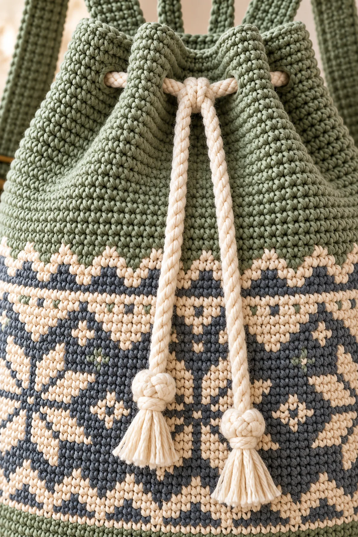 Close view of stitches and finishing on nordic folk crochet backpack with drawcord top