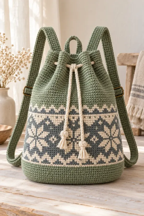 Sage crochet drawcord backpack with cream and slate Nordic folk band and adjustable straps