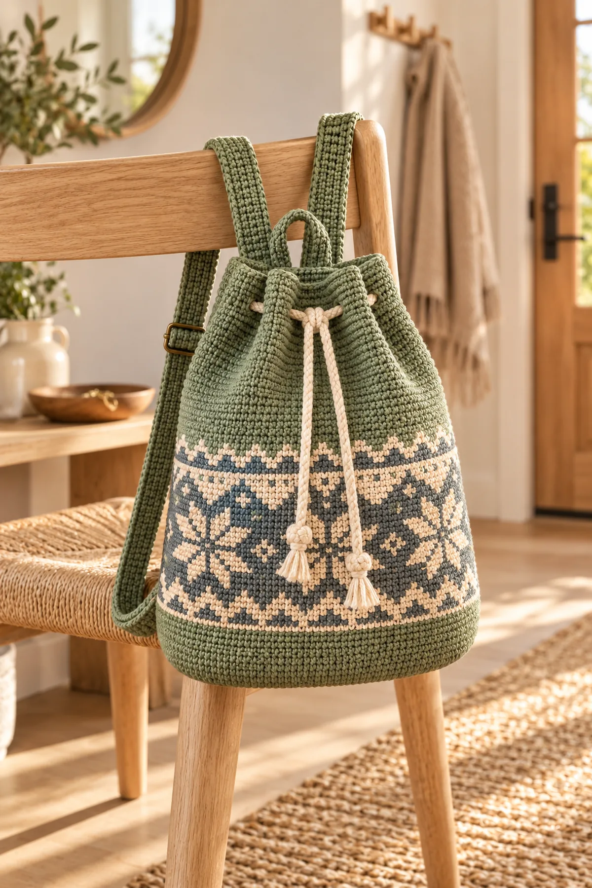 Finished nordic folk crochet backpack with drawcord top in a softly lit neutral setting