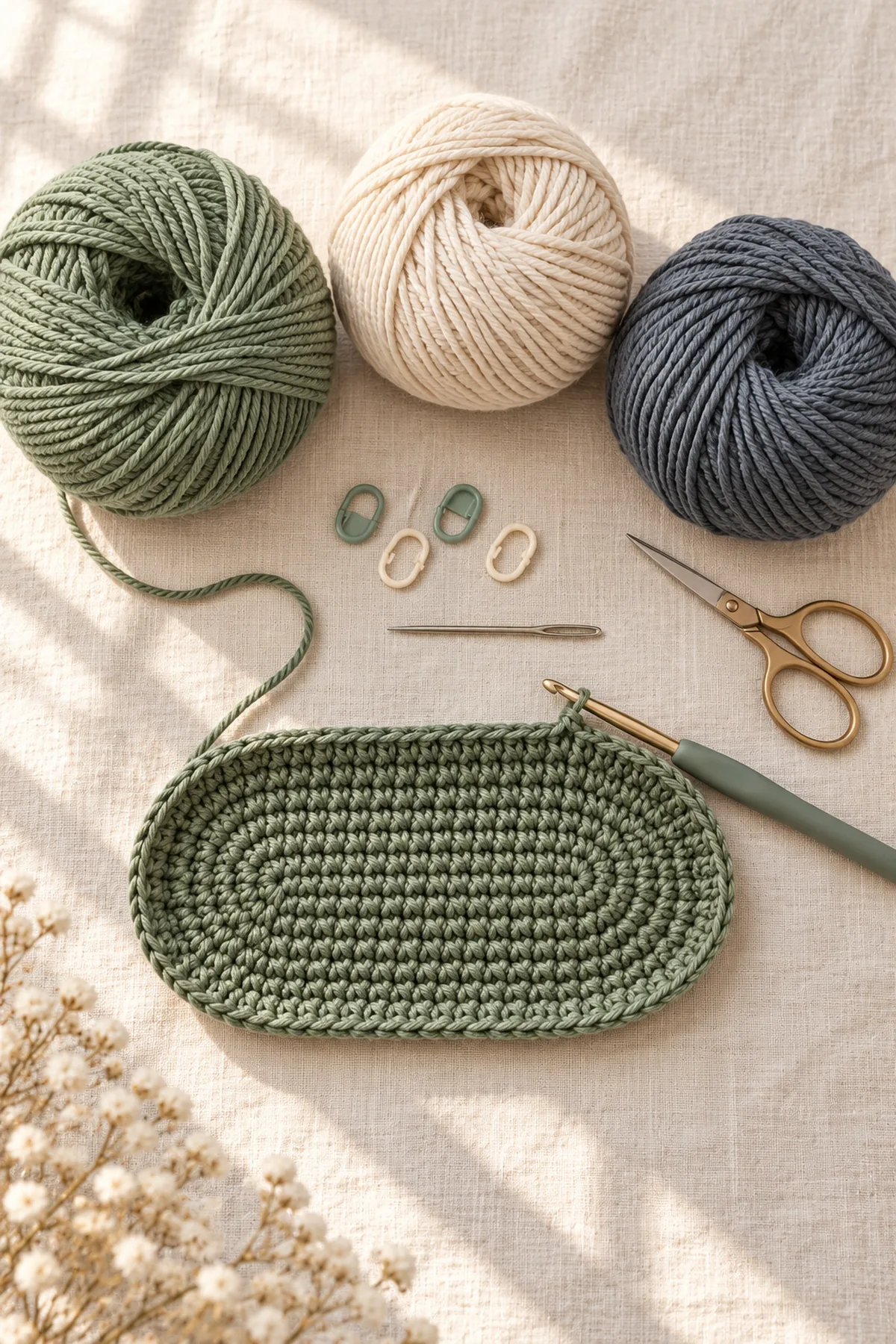 Yarn, hook, markers and tools for nordic folk crochet backpack with drawcord top