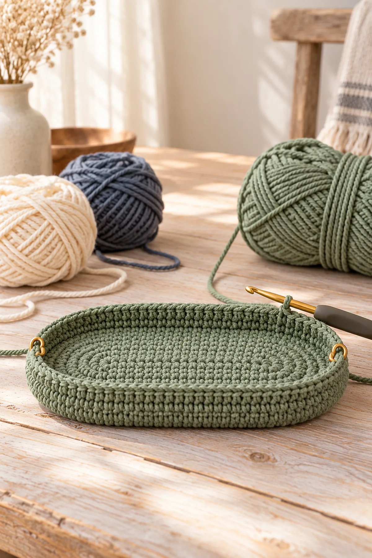 Early construction stage of nordic folk crochet backpack with drawcord top