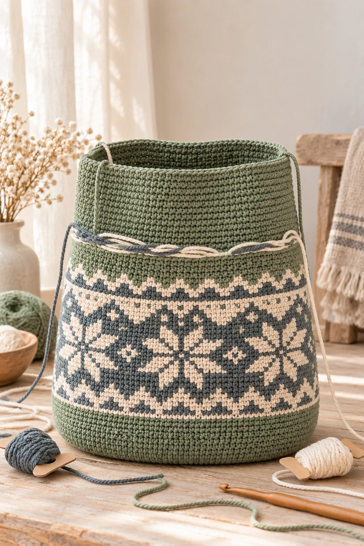 Shaping and assembly stage of nordic folk crochet backpack with drawcord top