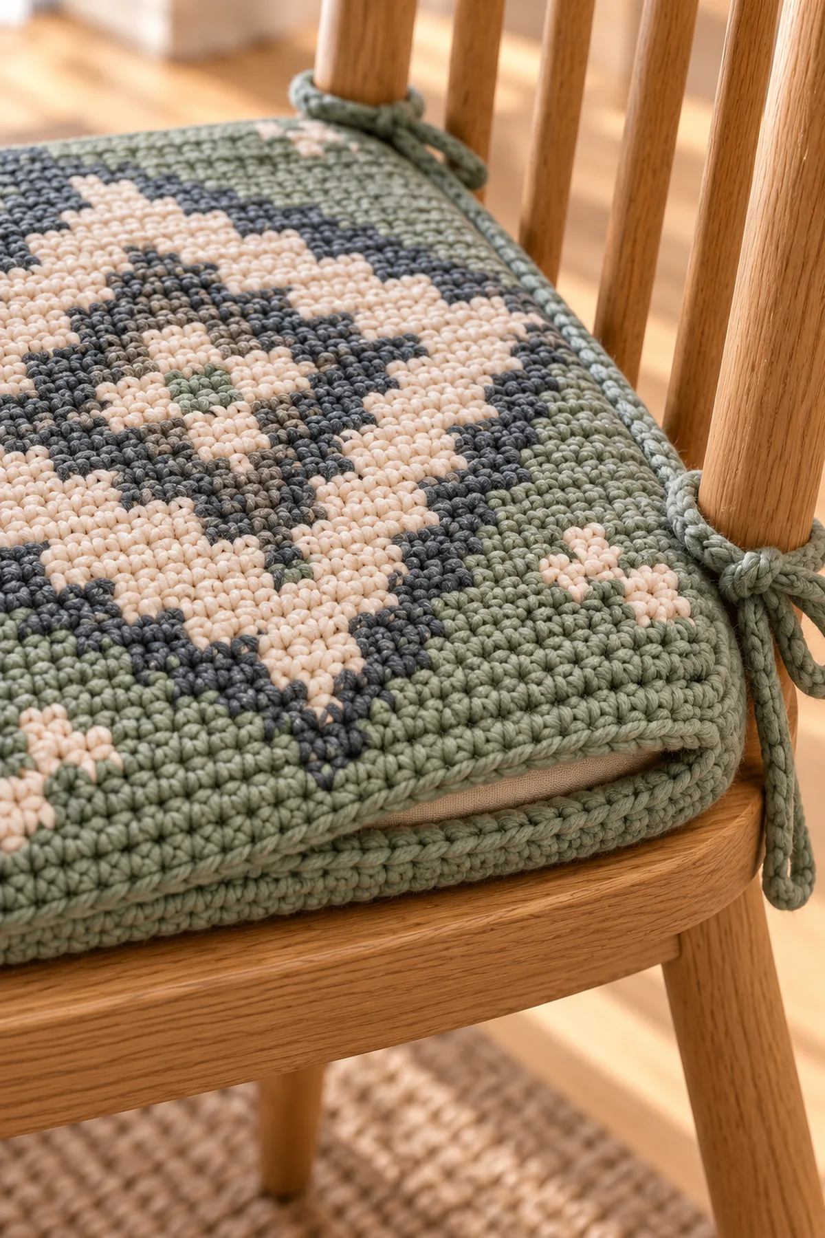 Close view of stitches and finishing on nordic geometric crochet chair pad pair