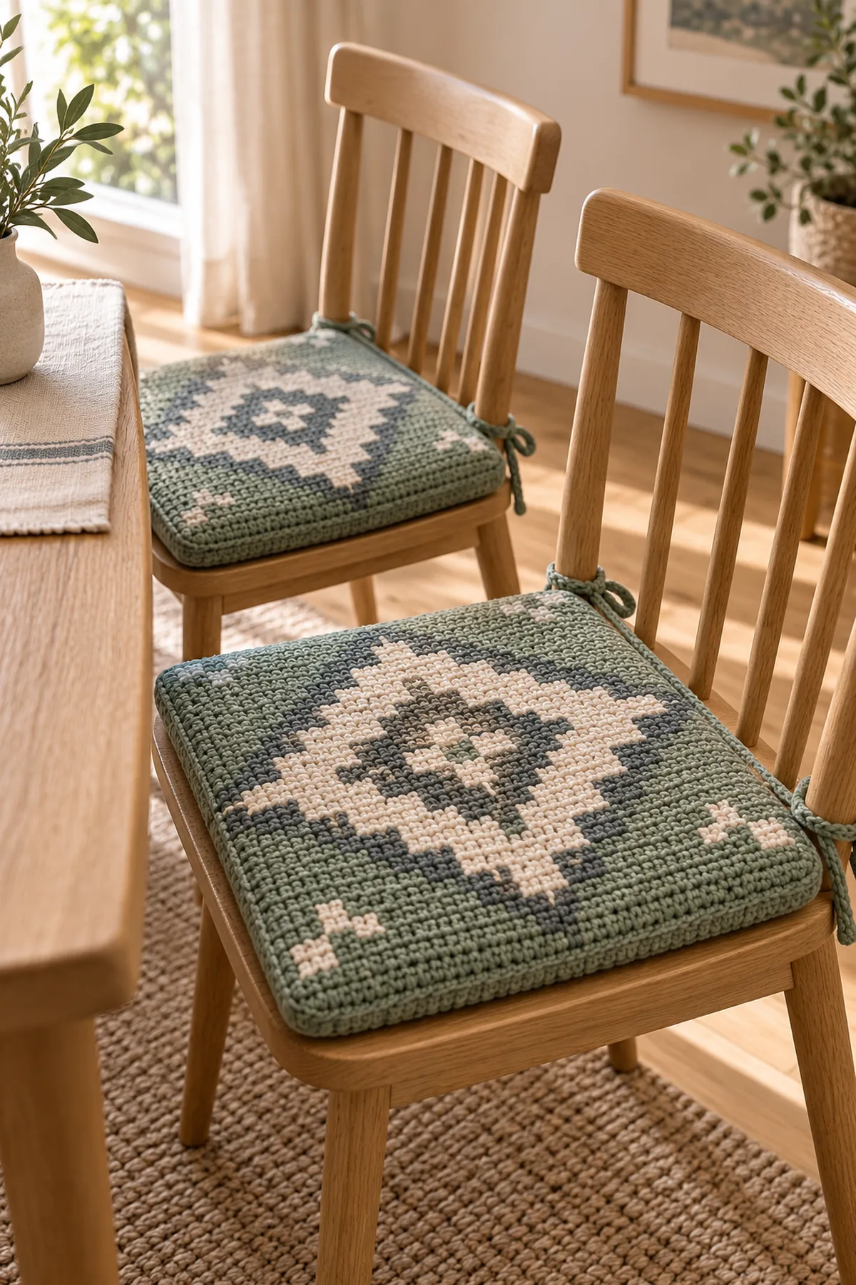 Pair of sage square crochet chair pads with cream and slate Nordic diamond motifs