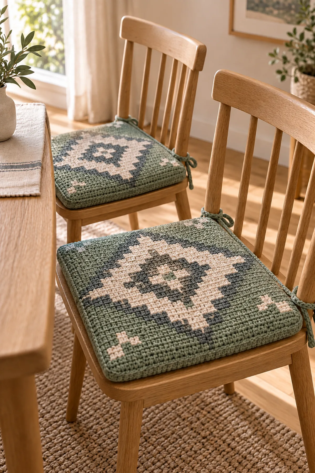Finished nordic geometric crochet chair pad pair in a softly lit neutral setting