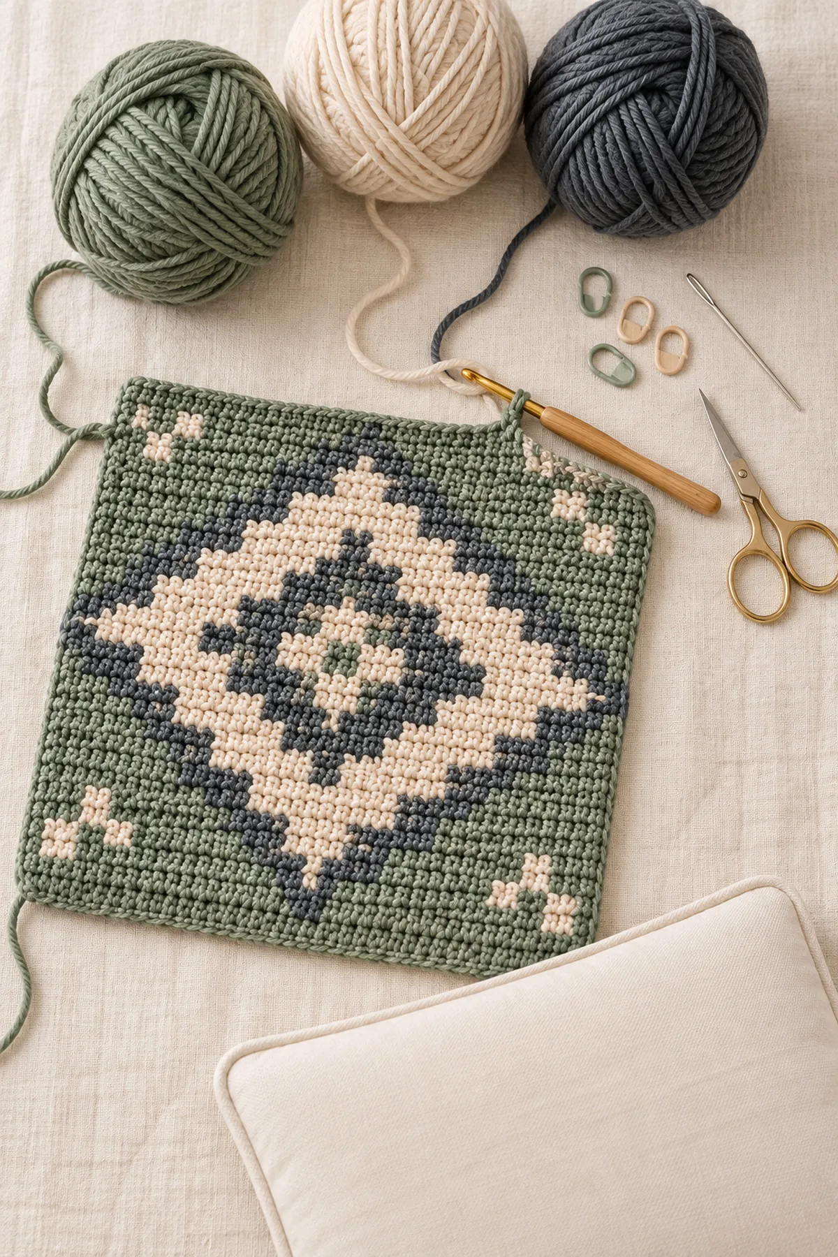 Yarn, hook, markers and tools for nordic geometric crochet chair pad pair