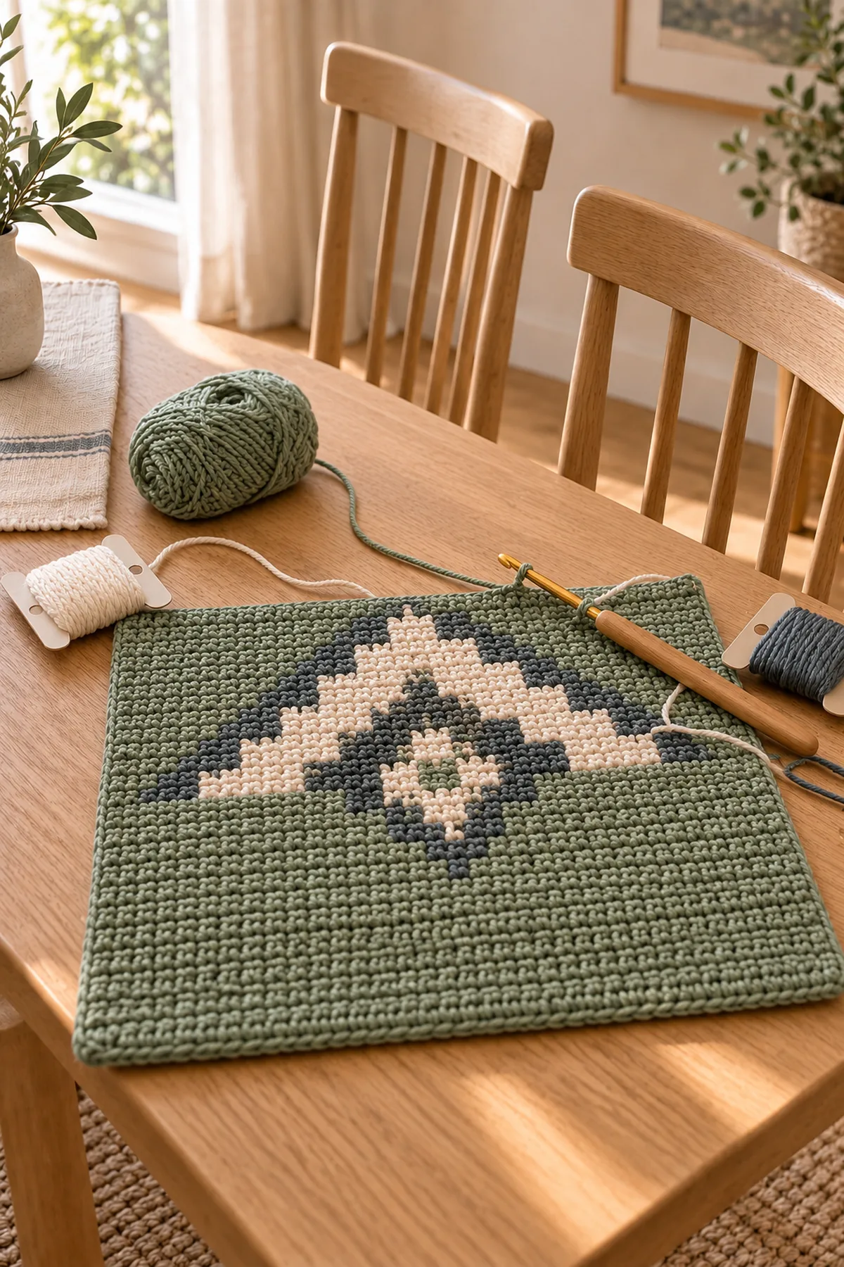 Early construction stage of nordic geometric crochet chair pad pair