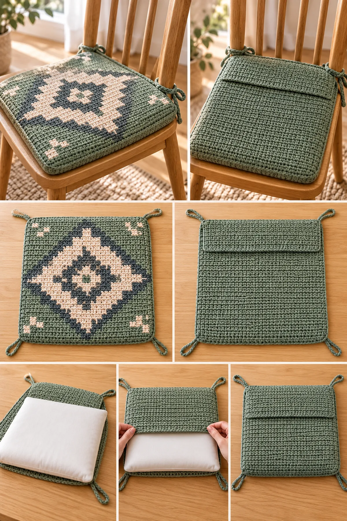 Shaping and assembly stage of nordic geometric crochet chair pad pair