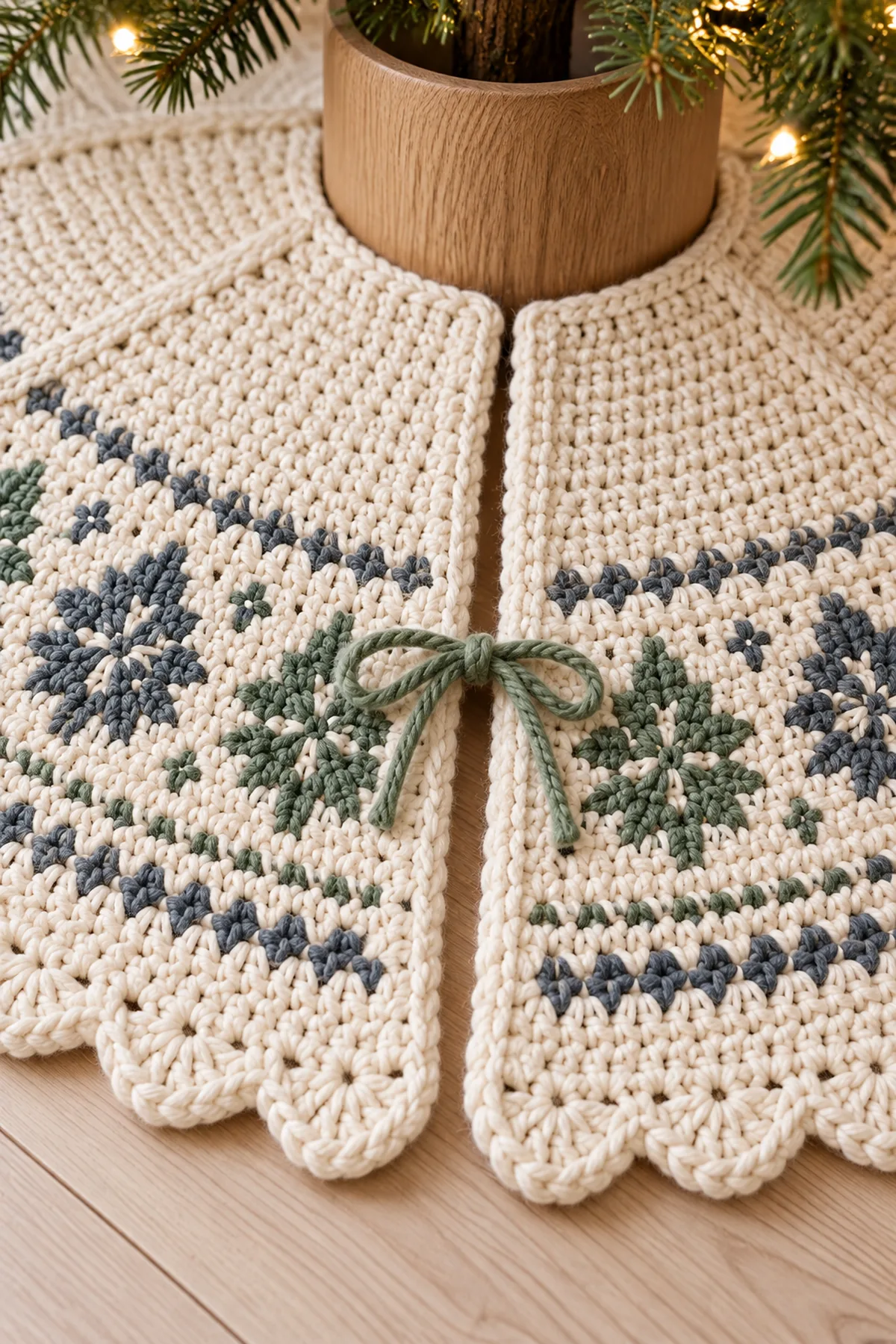 Close view of stitches and finishing on nordic panel crochet christmas tree skirt with tie closure