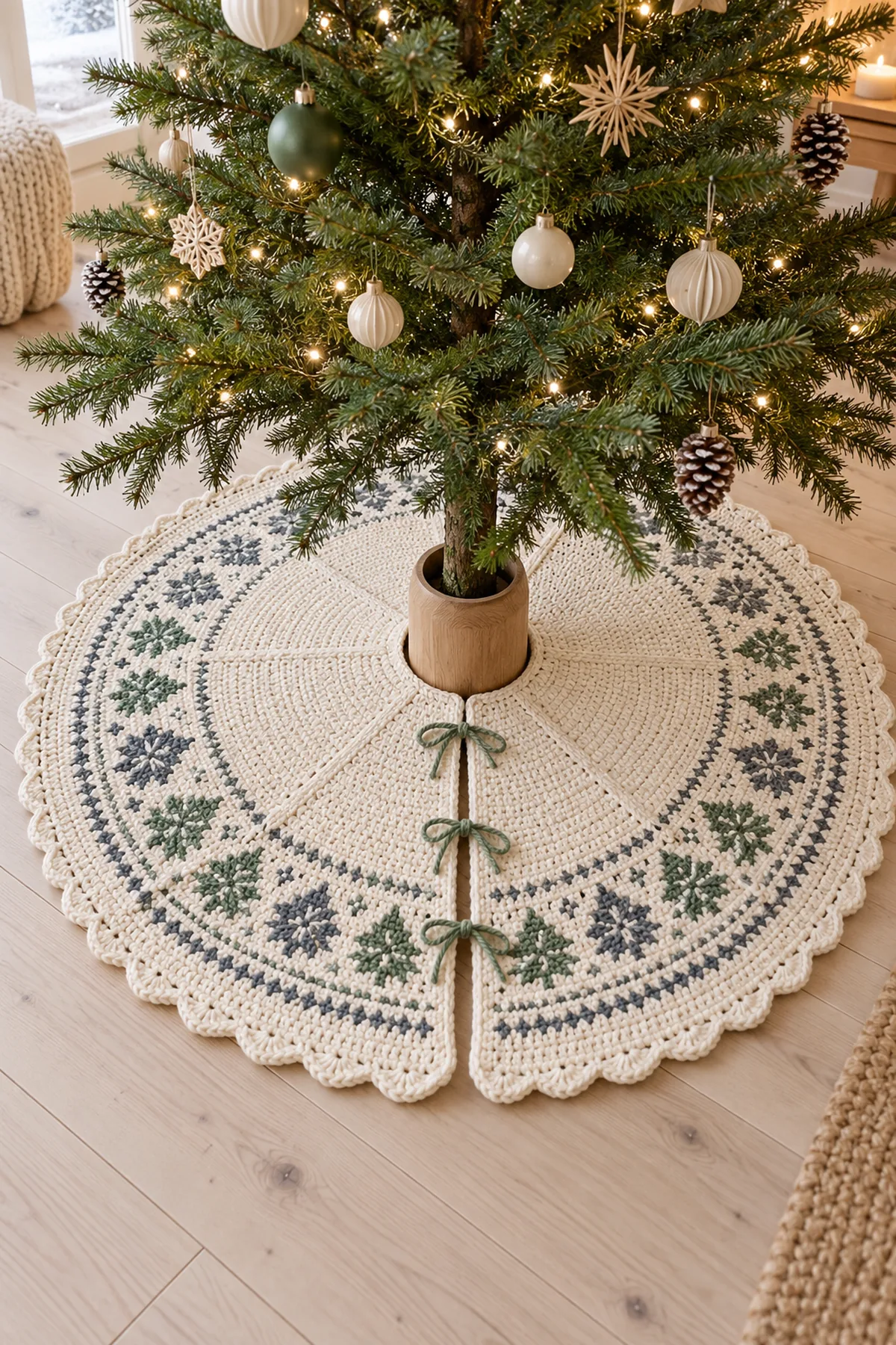 Cream crochet Christmas tree skirt with six Nordic colorwork panels and sage tie closure