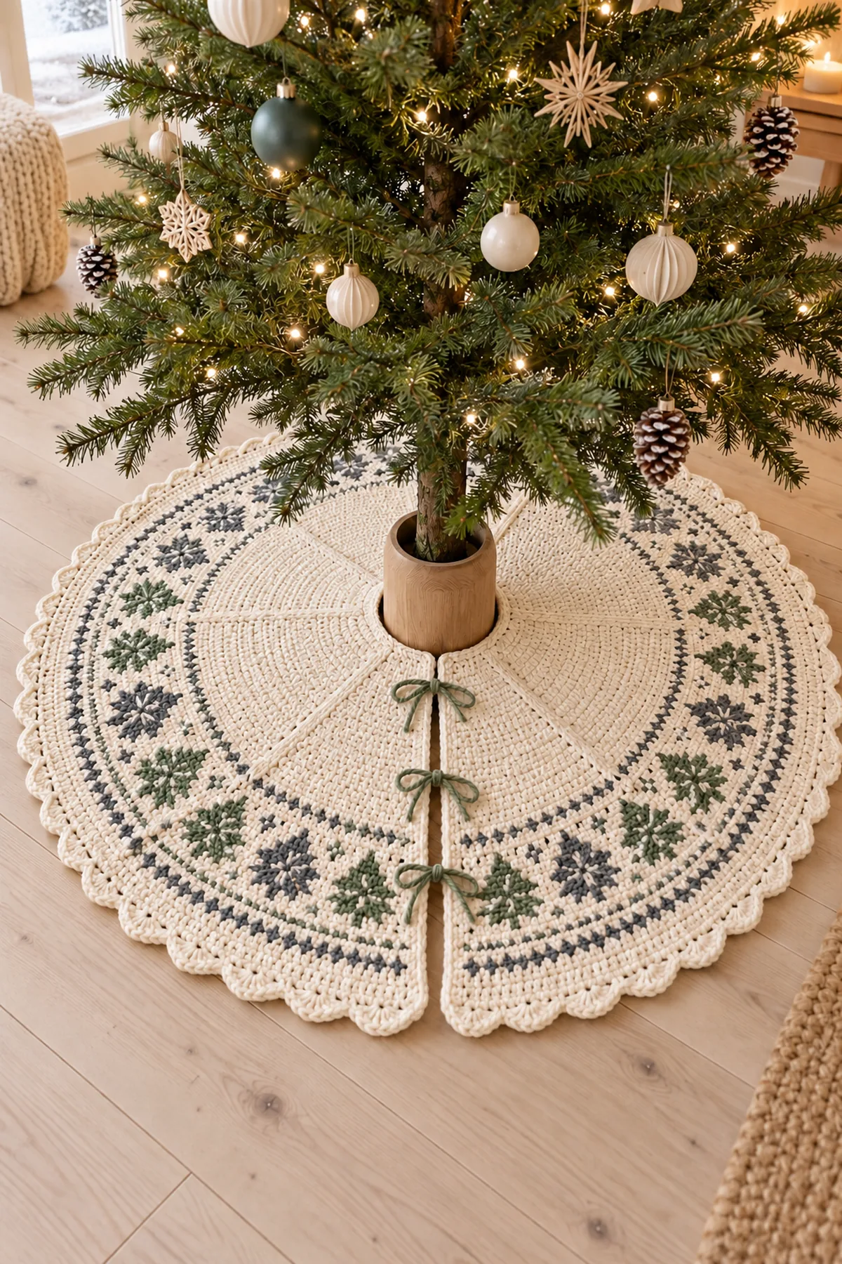 Finished nordic panel crochet christmas tree skirt with tie closure in a softly lit neutral setting