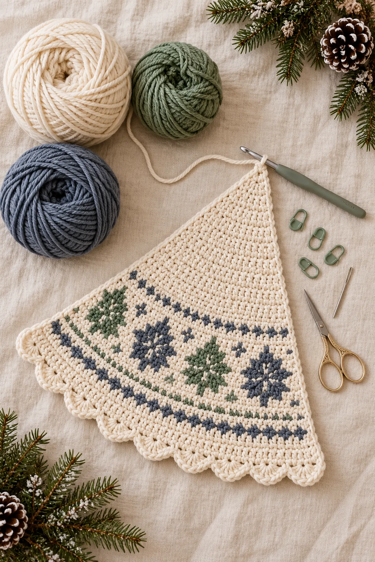 Yarn, hook, markers and tools for nordic panel crochet christmas tree skirt with tie closure