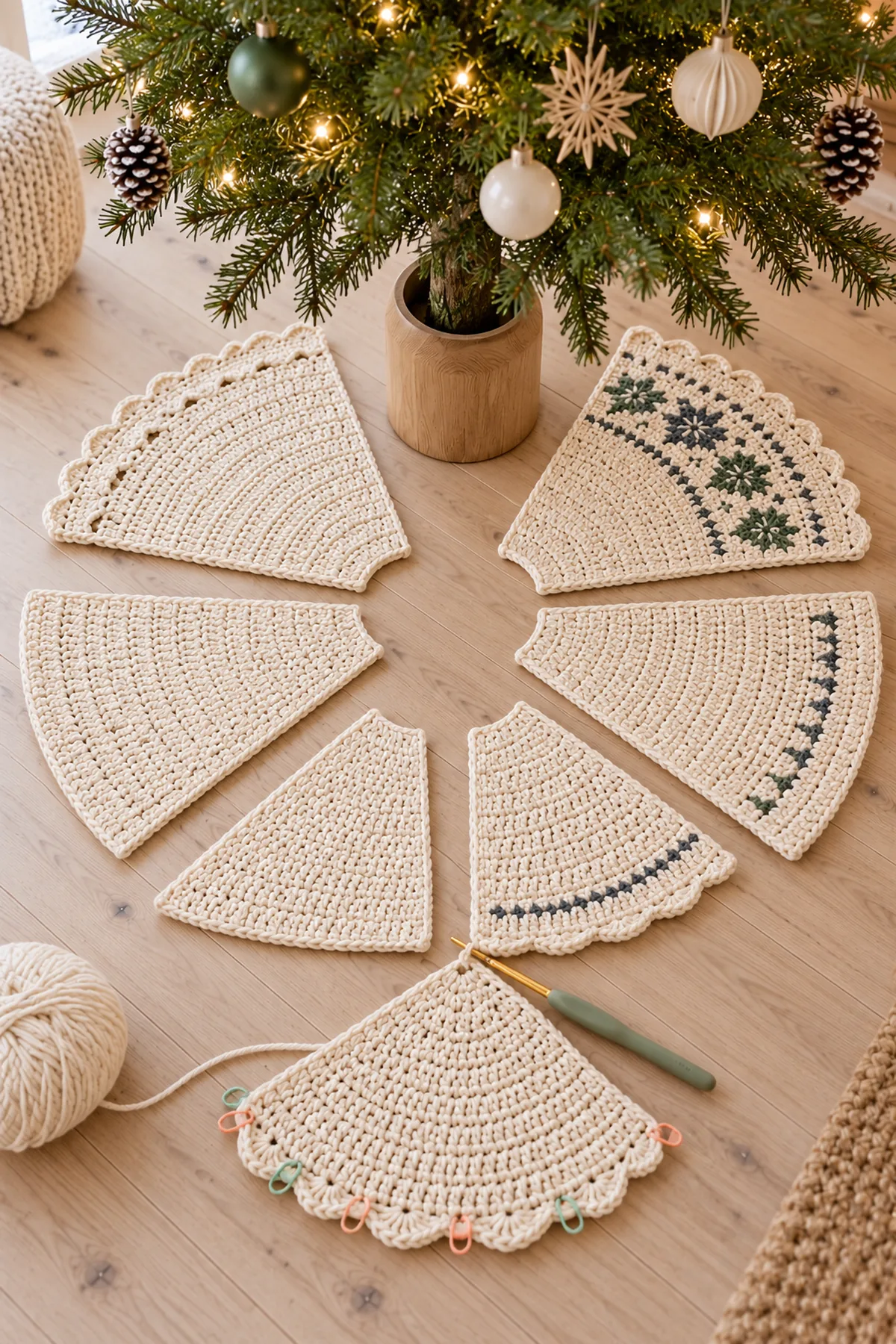 Early construction stage of nordic panel crochet christmas tree skirt with tie closure