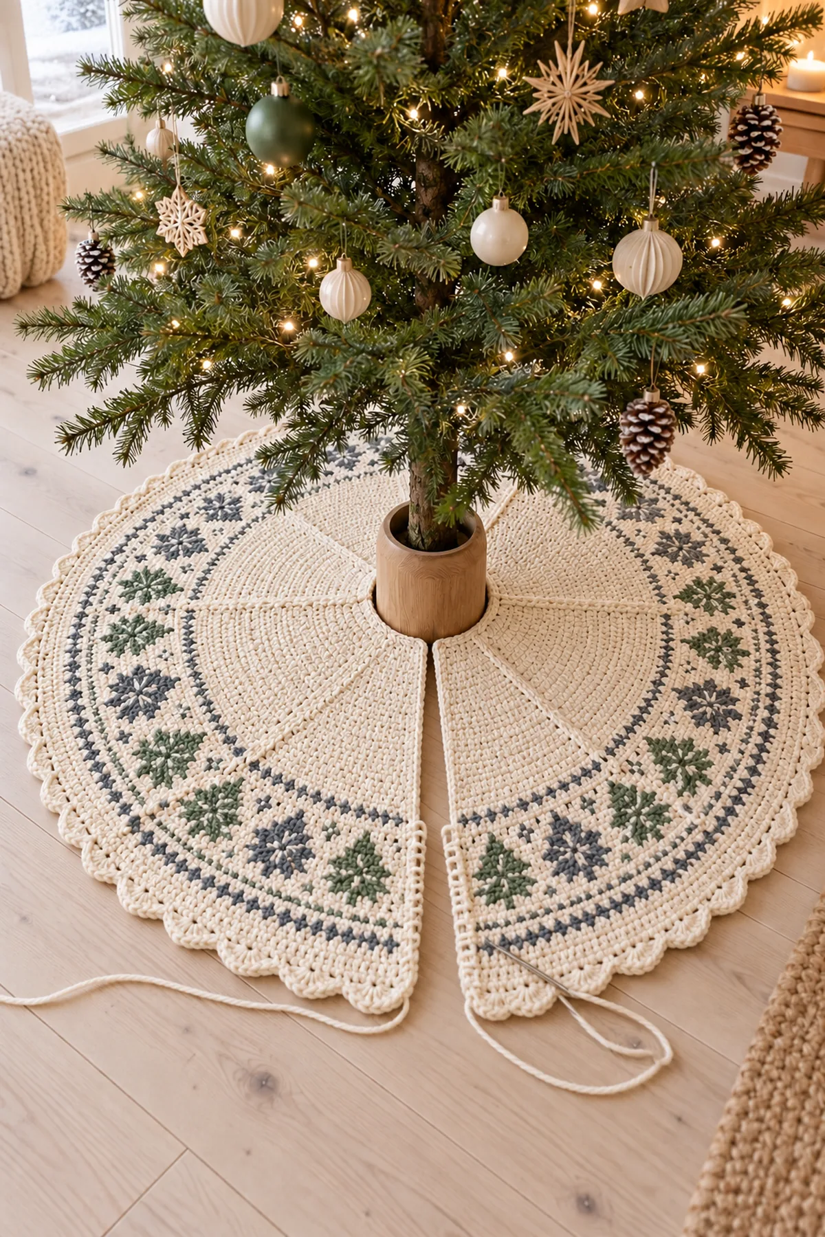 Shaping and assembly stage of nordic panel crochet christmas tree skirt with tie closure