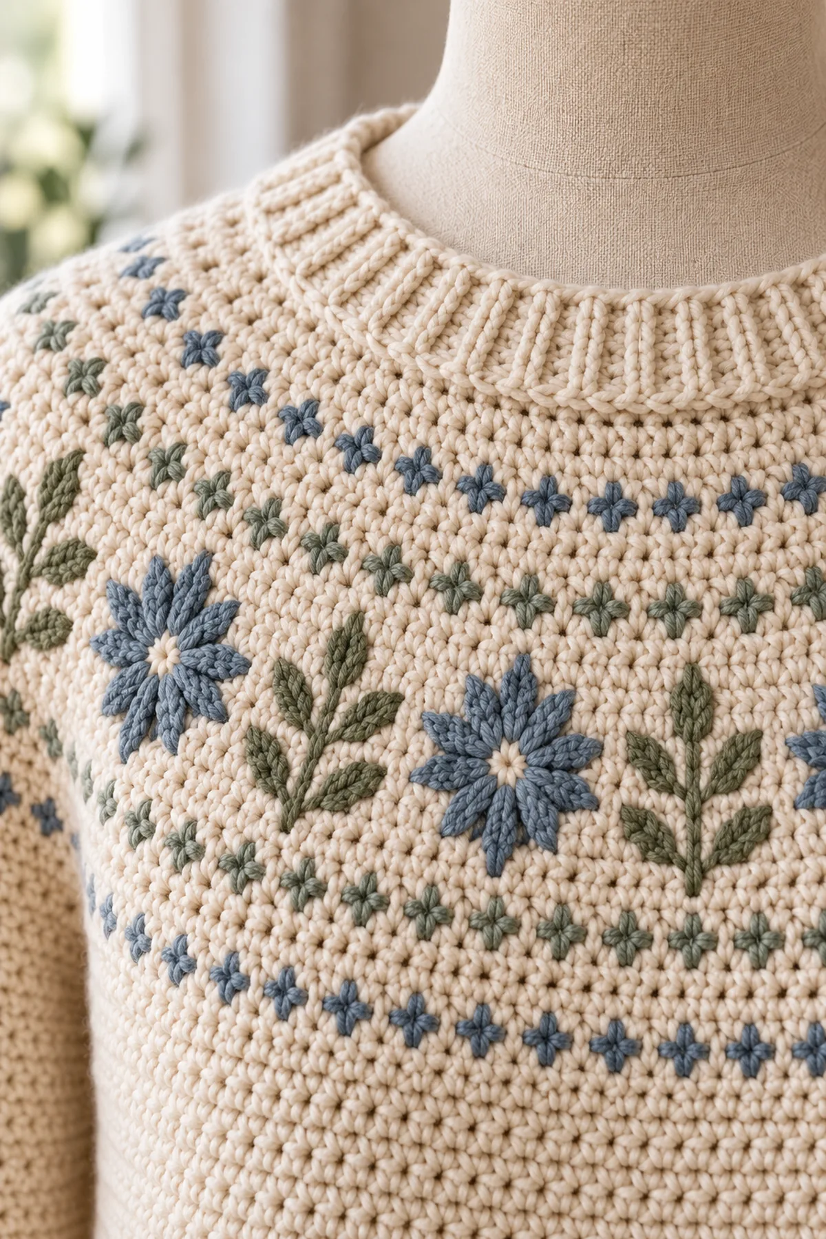 Close-up of the Nordic yoke colorwork and tidy crochet stitches