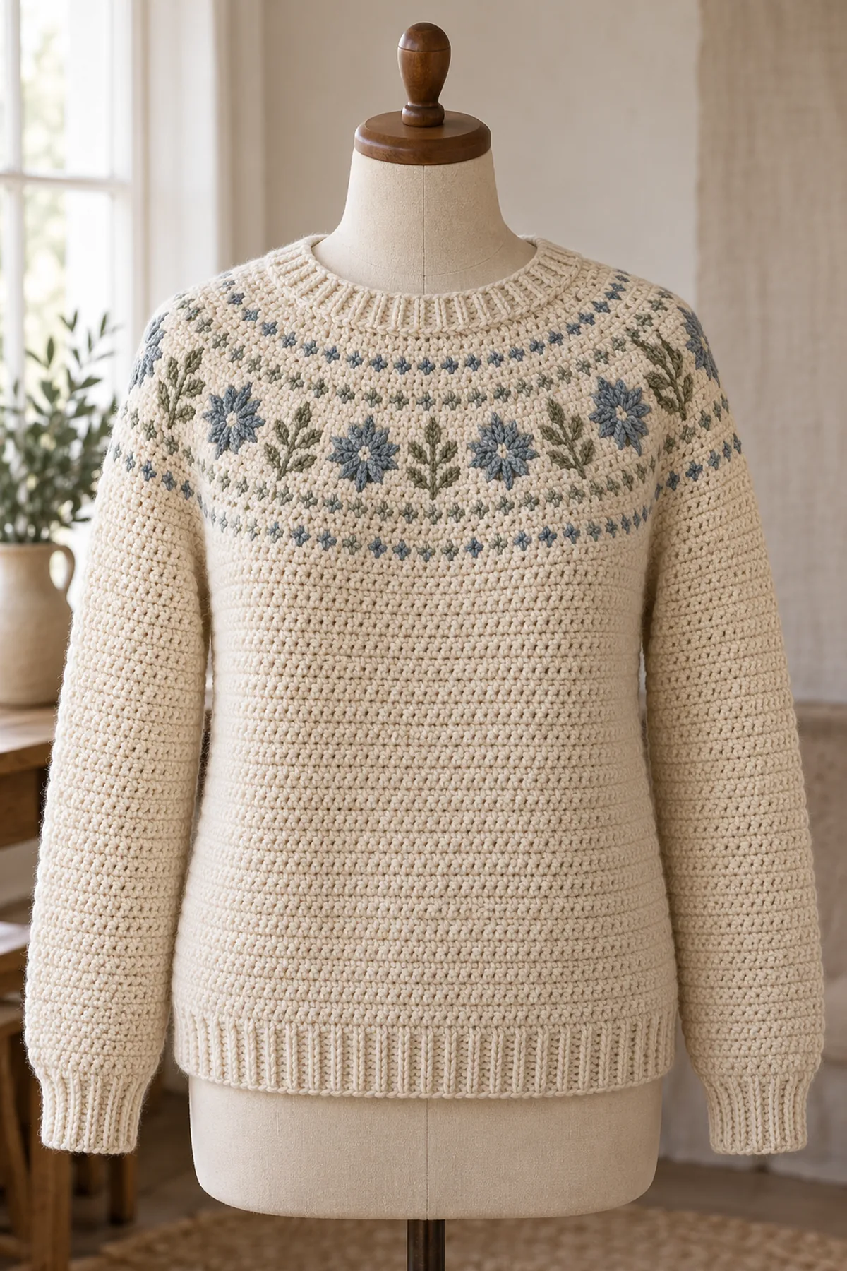 Oatmeal adult crochet pullover with a circular slate-blue and sage Nordic flower yoke