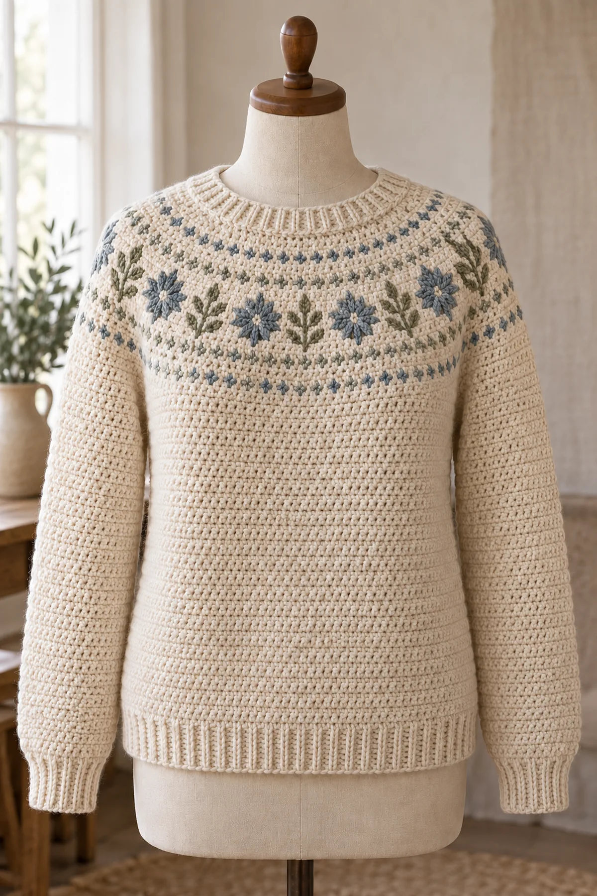 Finished adult Nordic round-yoke pullover styled on a neutral dress form