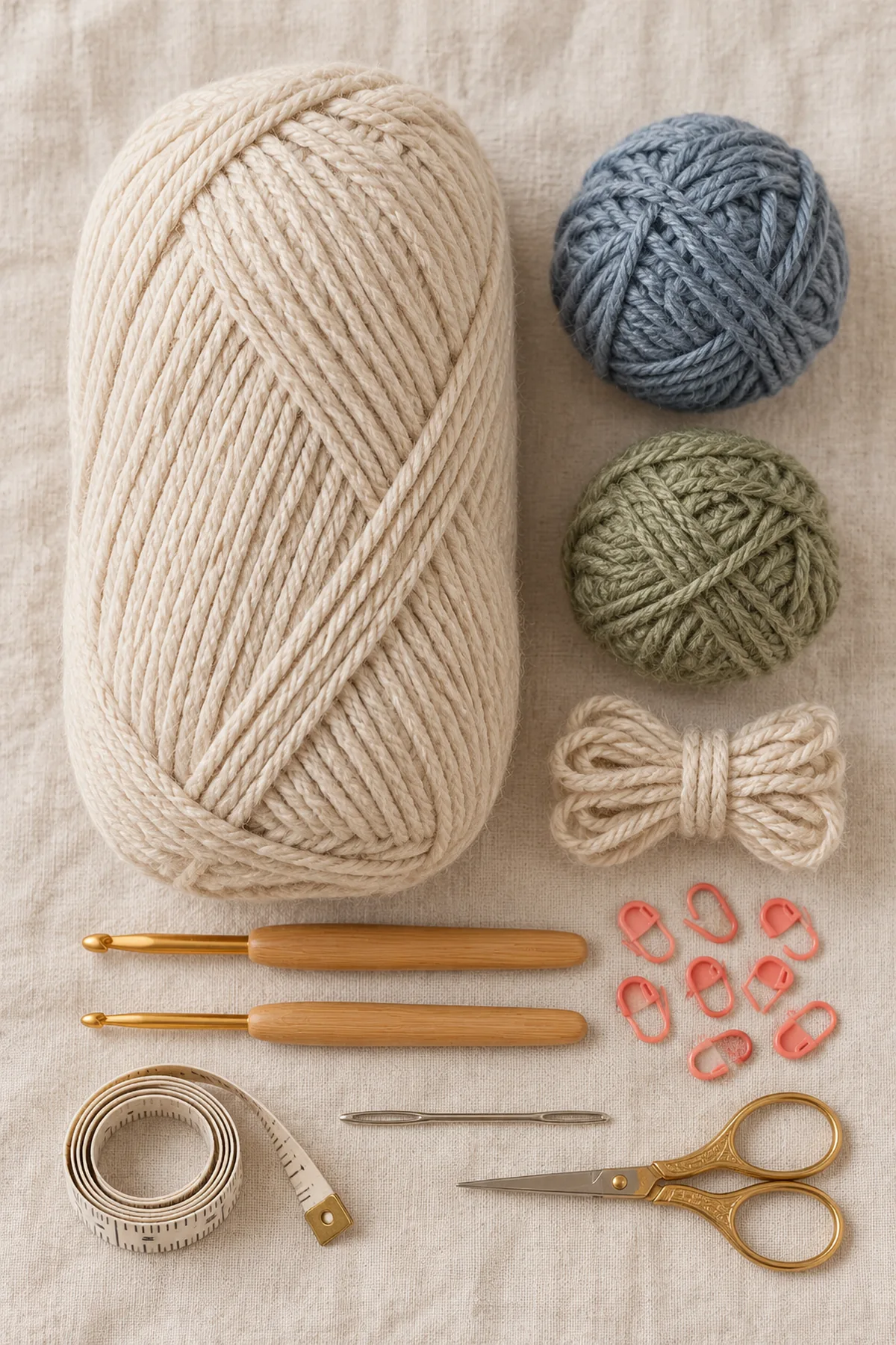 Oatmeal, slate-blue and sage yarn with hooks and markers for the Nordic pullover