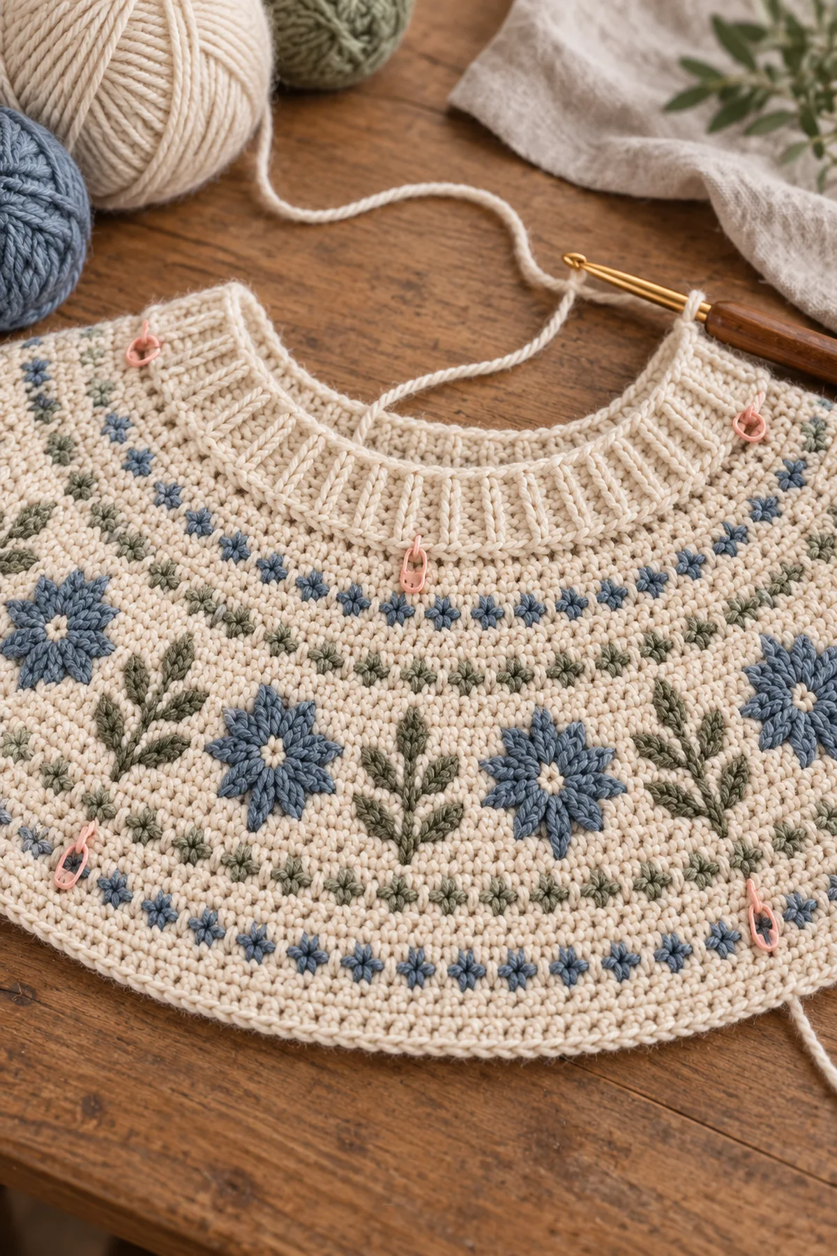 Circular crochet pullover yoke showing the blue star-flower and sage sprig motif band