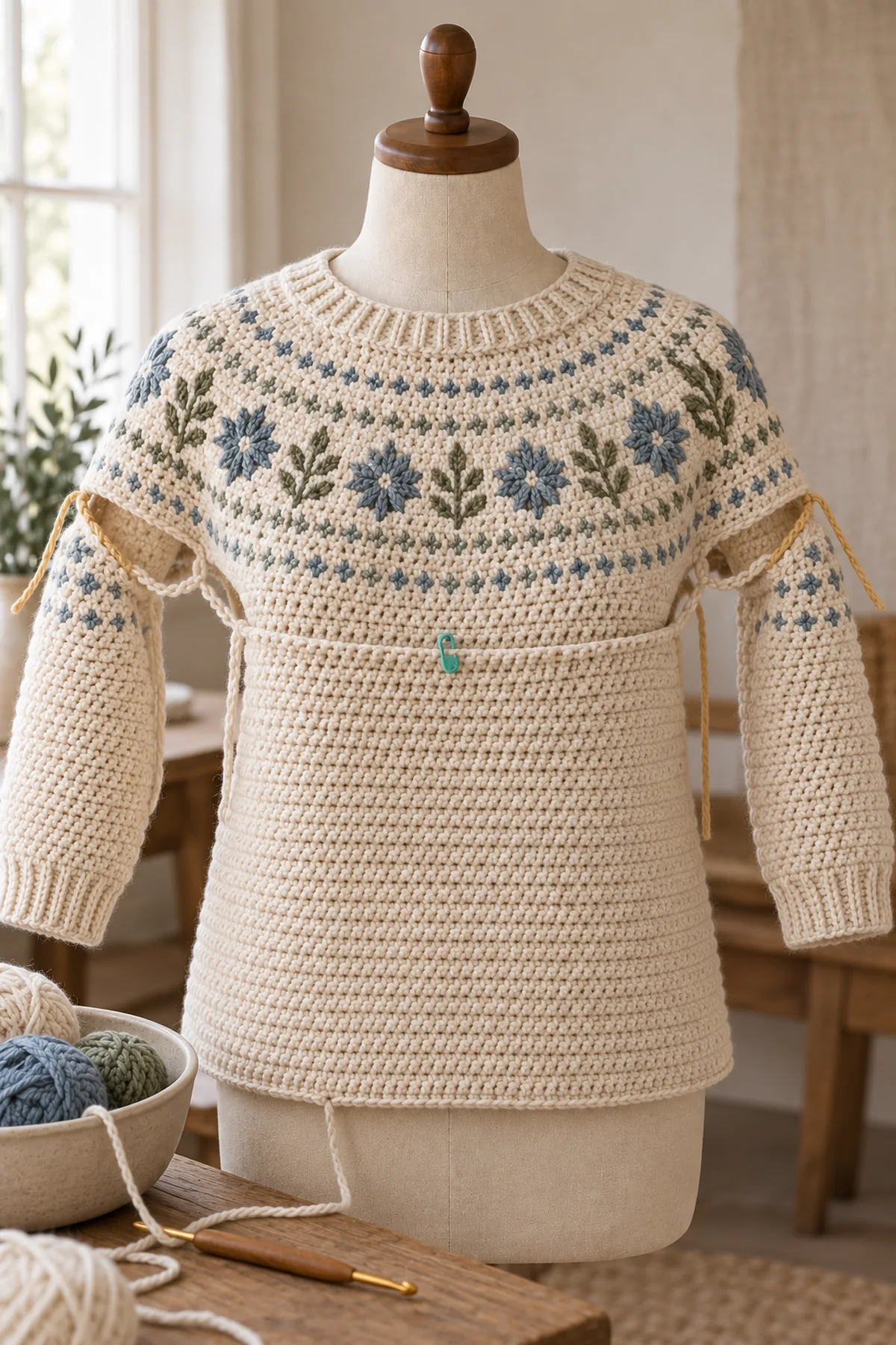 Adult crochet pullover body and sleeve separation with underarm chains