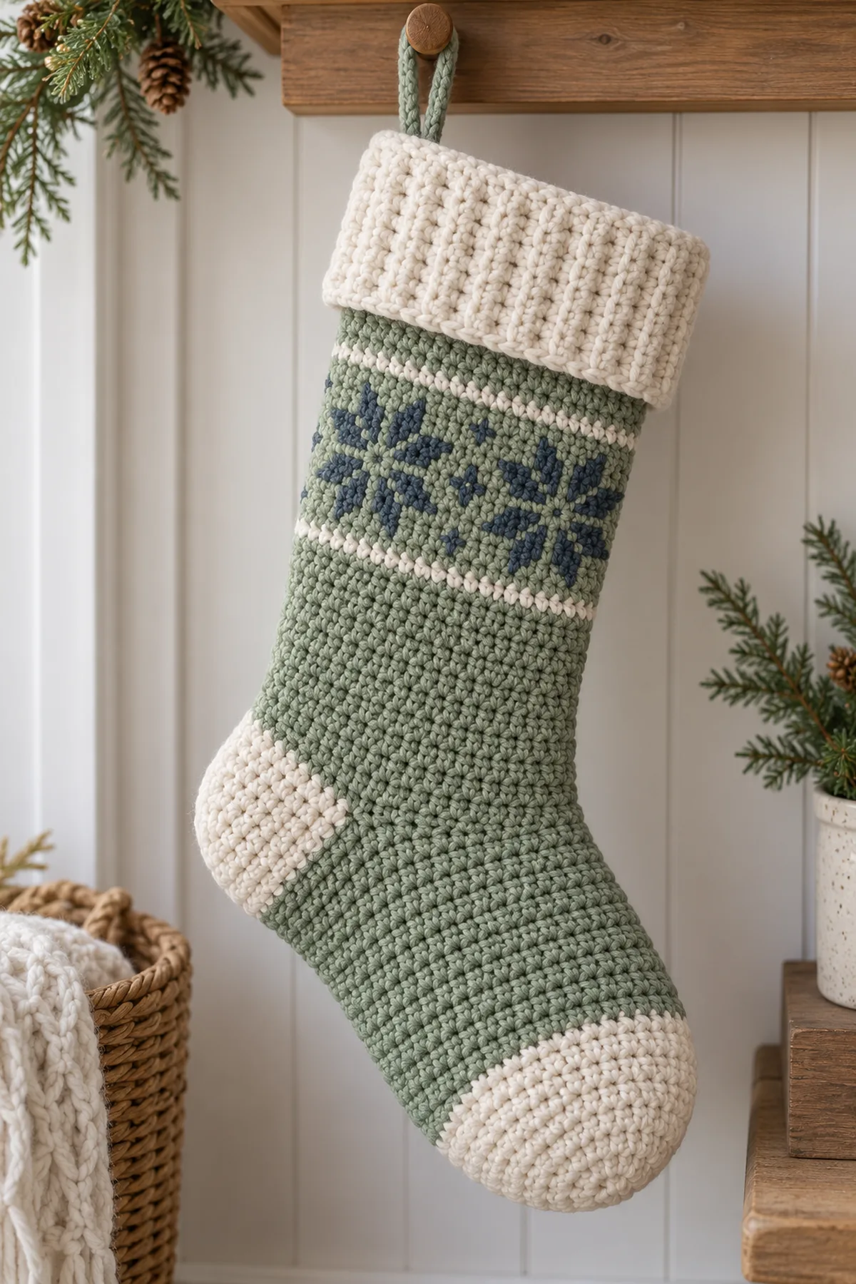 Forest-green crochet Christmas stocking with cream and rust snowflake band, cream heel and toe and foldover cuff