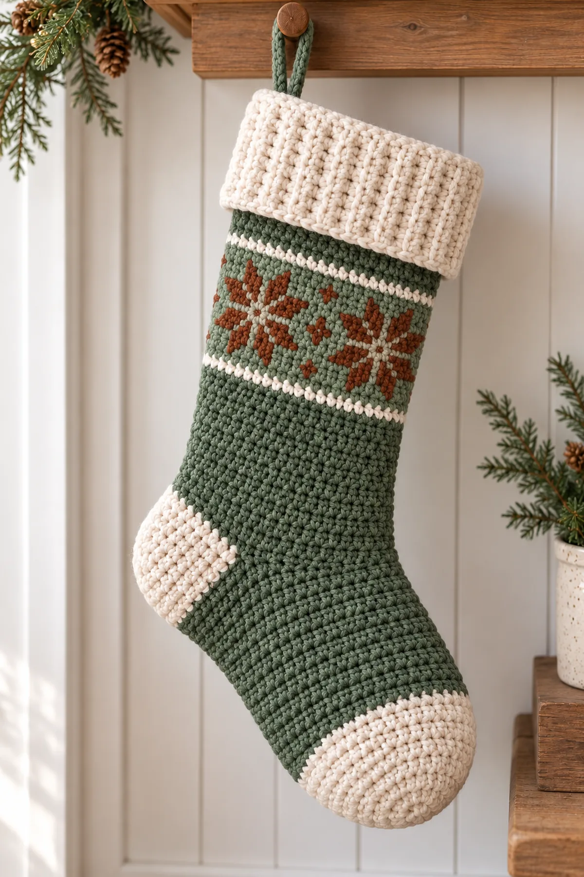 Finished Nordic snowflake crochet Christmas stocking with cream toe and cuff