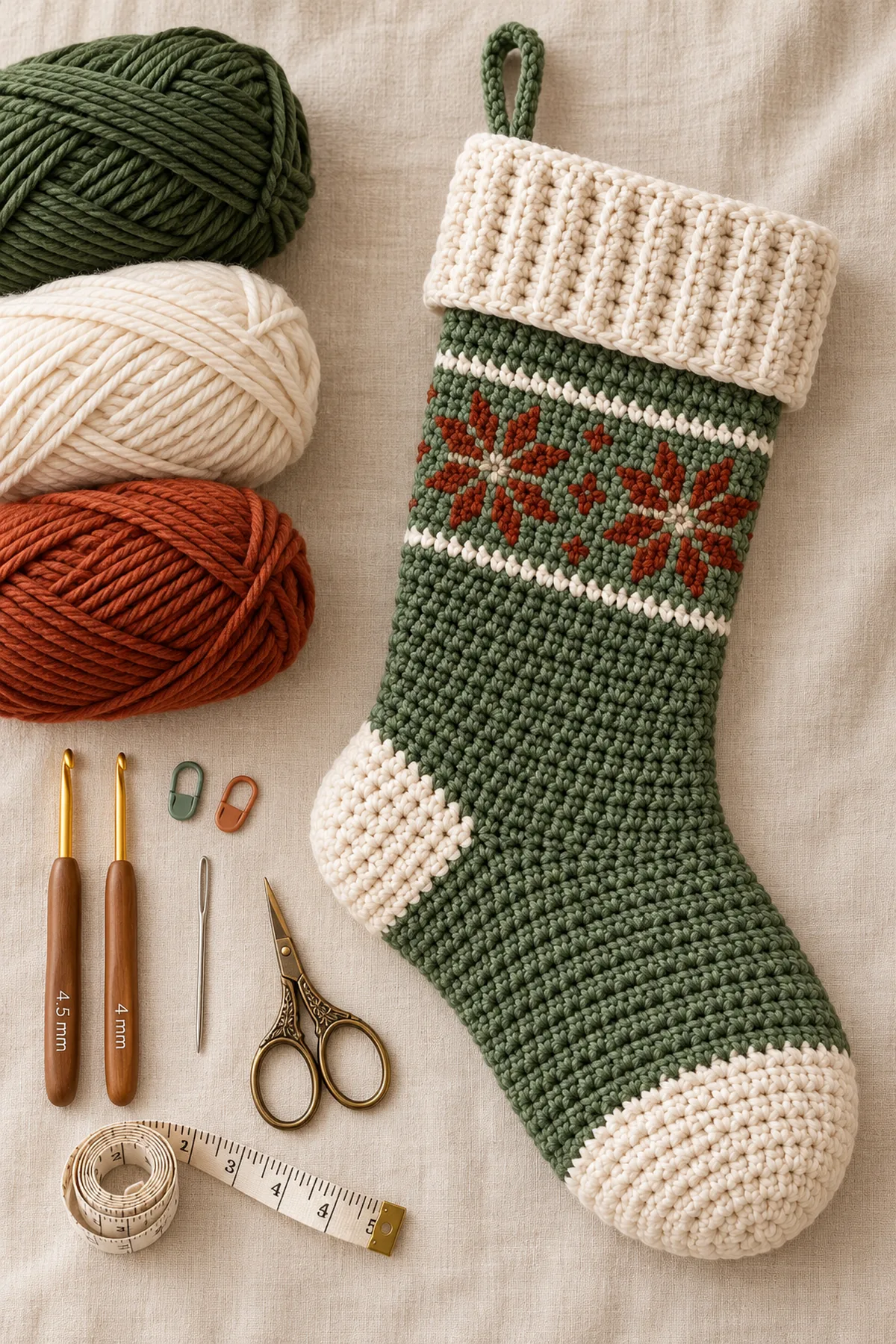 Green, cream and rust yarn with hooks and tools for the stocking