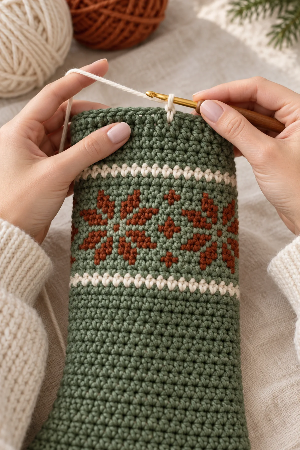 Stocking leg with cream and rust snowflake colorwork in progress