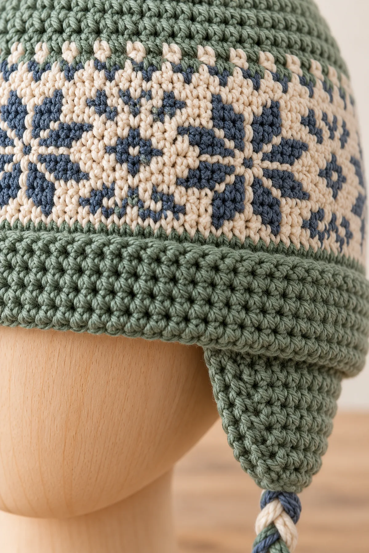 Close view of stitches and finishing on nordic snowflake crochet earflap hat with braided ties