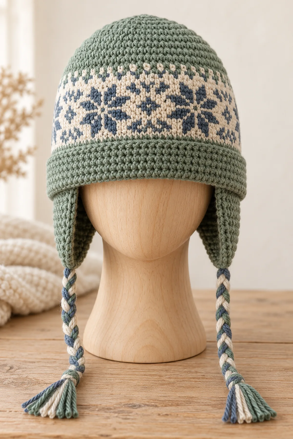 Sage adult crochet earflap hat with cream and slate snowflake band and braided ties