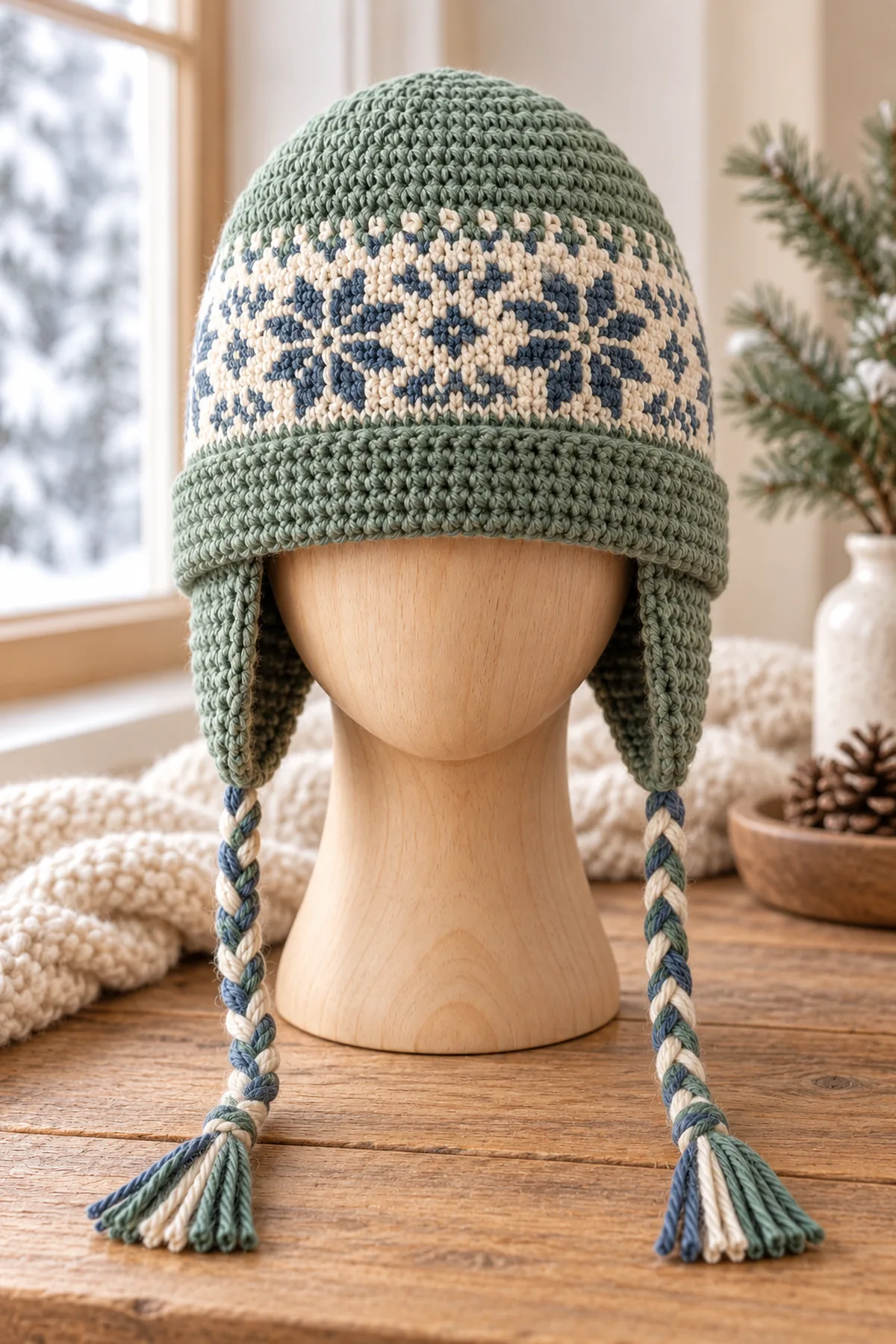 Finished nordic snowflake crochet earflap hat with braided ties in a softly lit neutral setting
