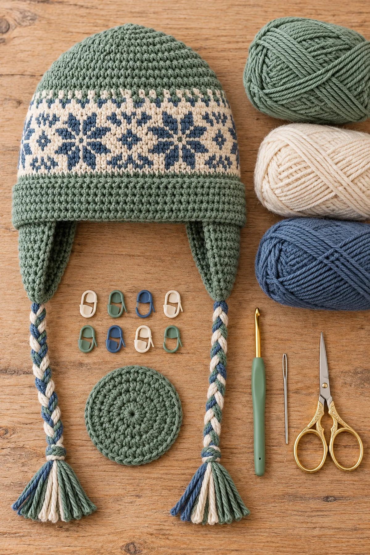 Yarn, hook, markers and tools for nordic snowflake crochet earflap hat with braided ties