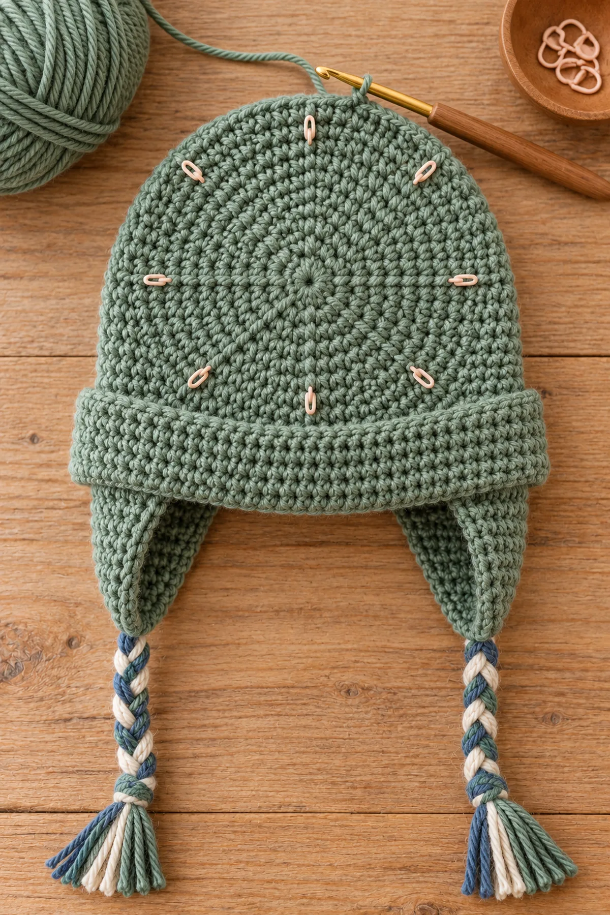 Early construction stage of nordic snowflake crochet earflap hat with braided ties