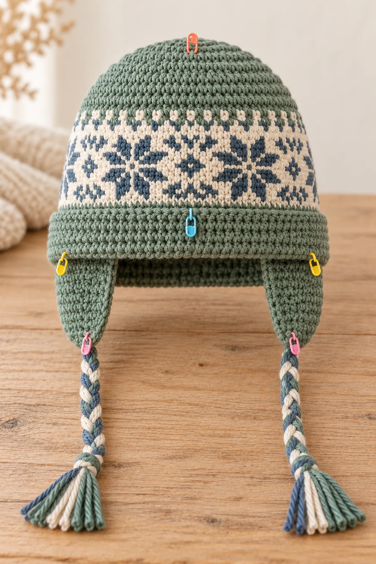 Shaping and assembly stage of nordic snowflake crochet earflap hat with braided ties