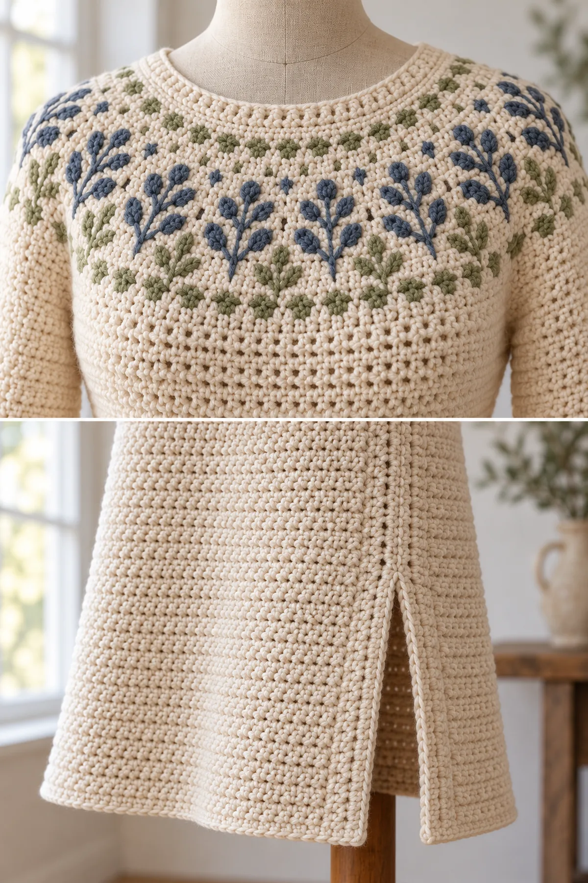 Close-up of the oatmeal, blue and sage crochet sprig yoke stitches