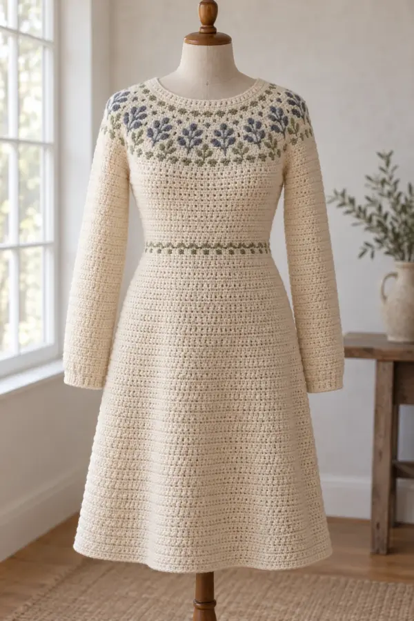 Adult sage A-line crochet sweater dress with an oatmeal Nordic sprig yoke on a dress form